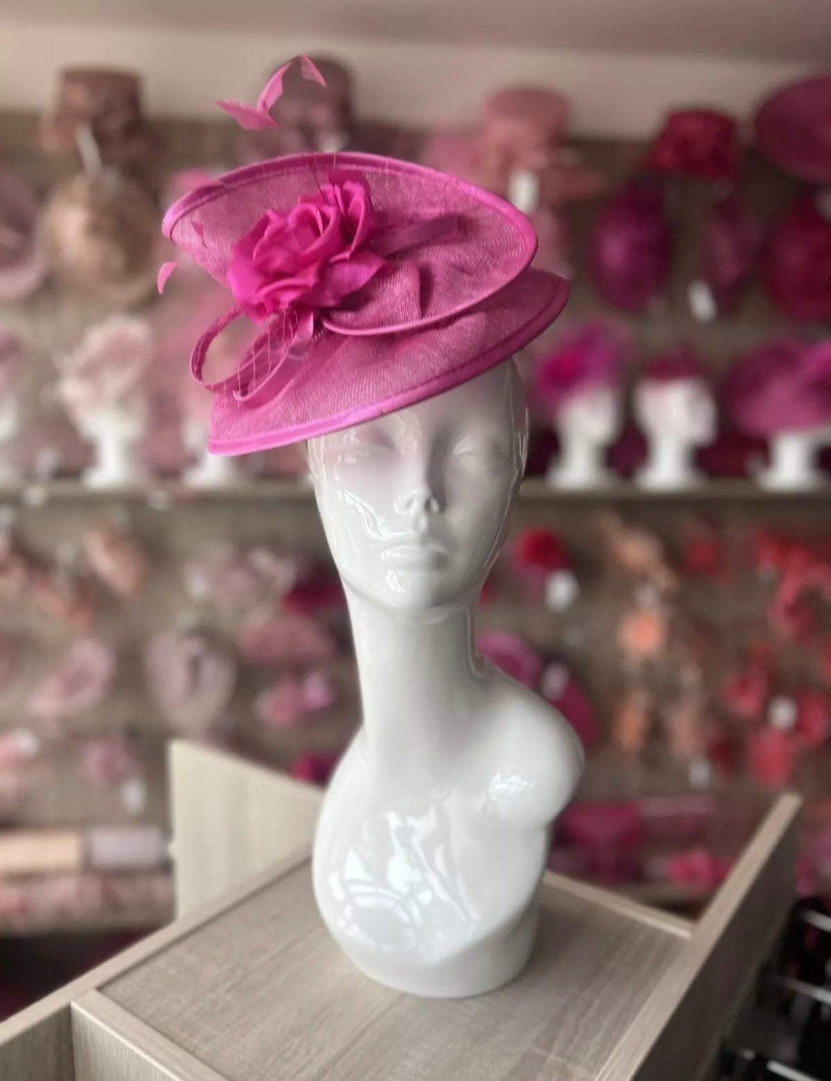 Flamingo Pink Disc Fascinator with Fabric Rose &amp; Netting-Fascinators Direct