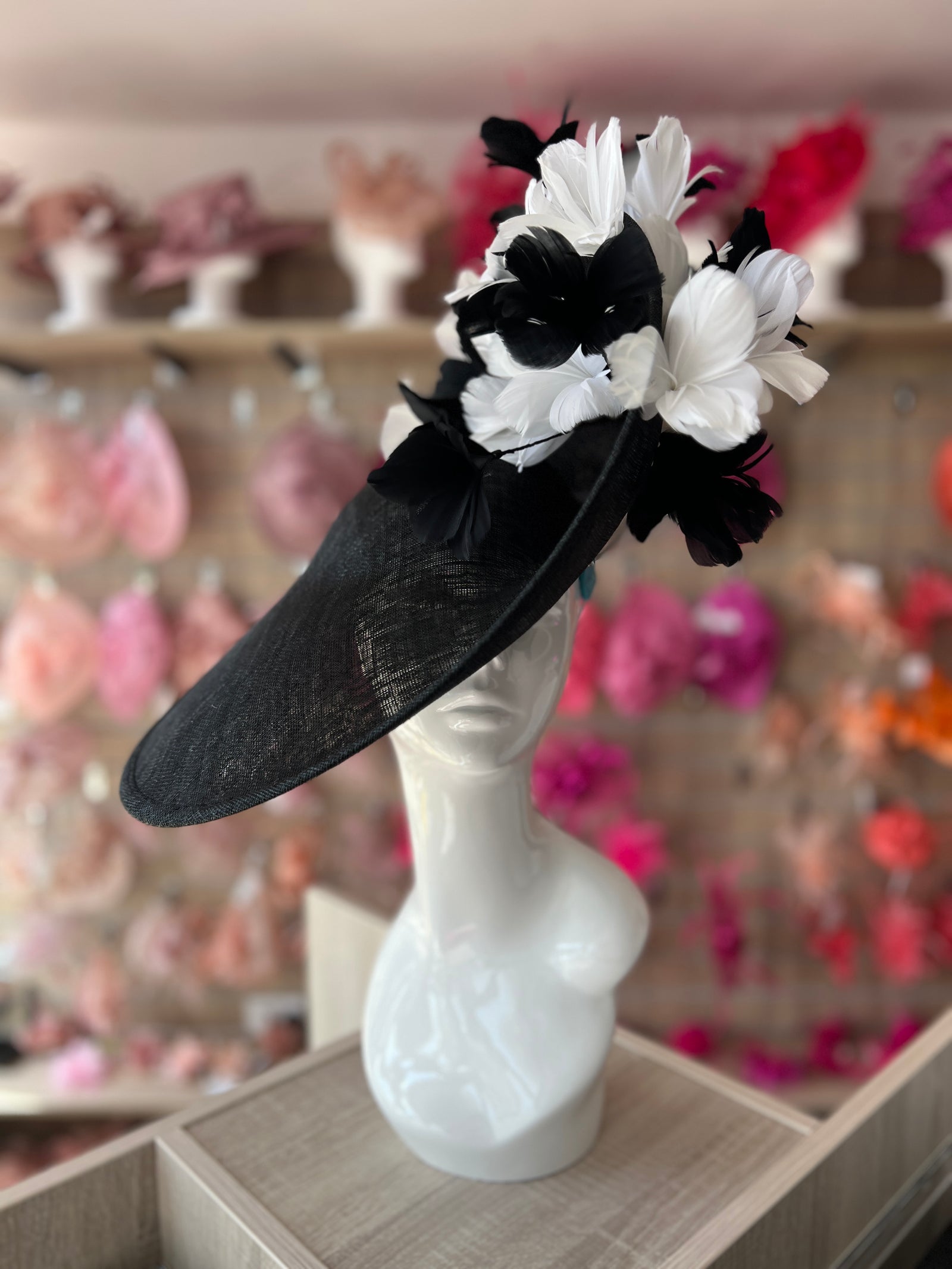 Floral Fantasy Black & White Hatinator with Upturned Brim-Fascinators Direct