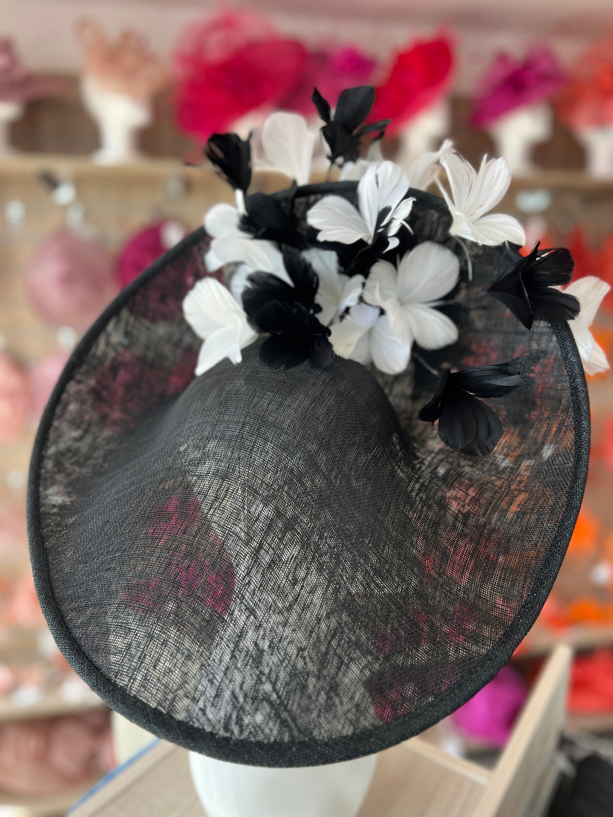 Floral Fantasy Black &amp; White Hatinator with Upturned Brim-Fascinators Direct