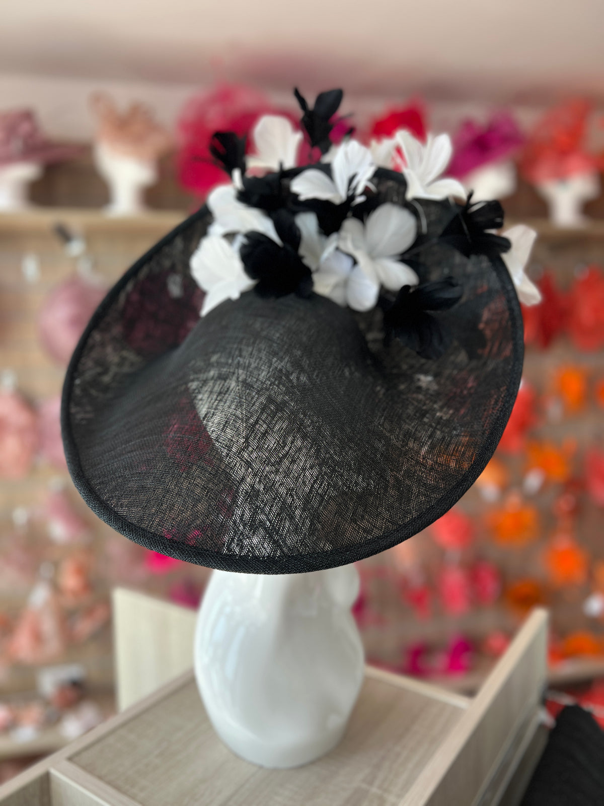 Floral Fantasy Black &amp; White Hatinator with Upturned Brim-Fascinators Direct