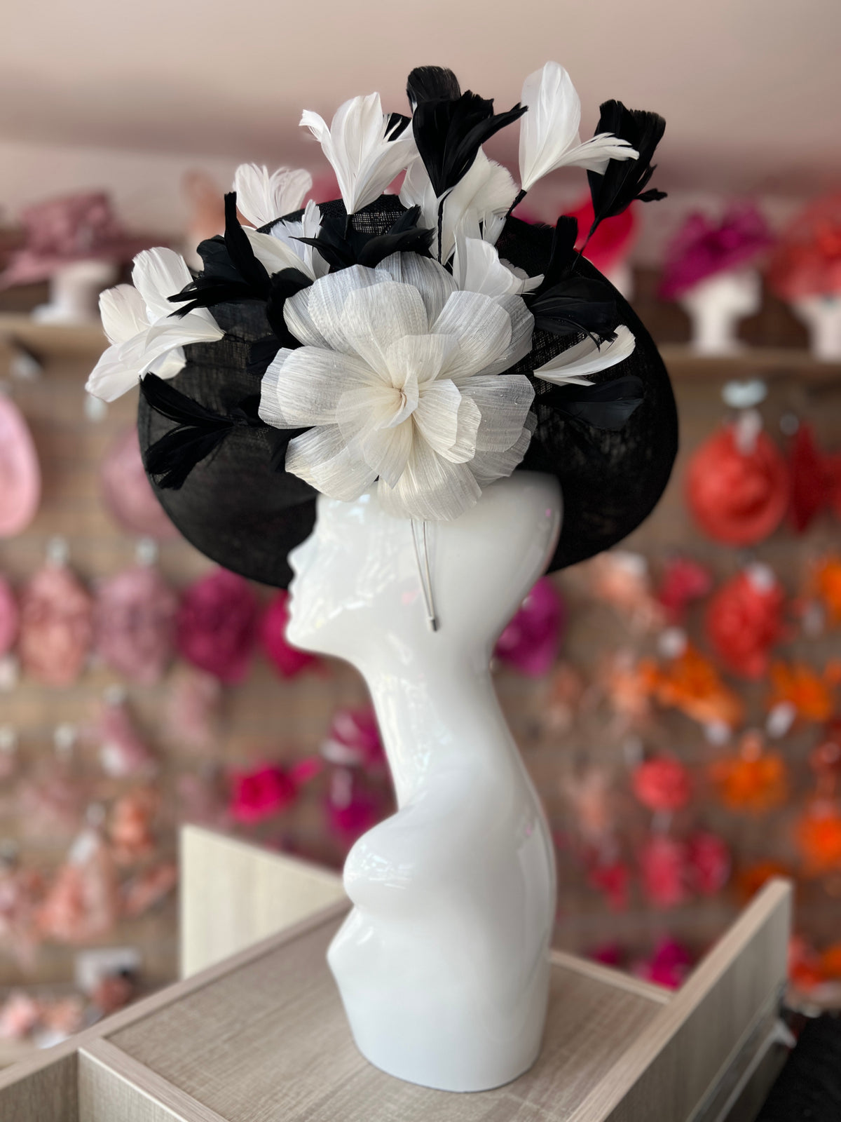 Floral Fantasy Black &amp; White Hatinator with Upturned Brim-Fascinators Direct