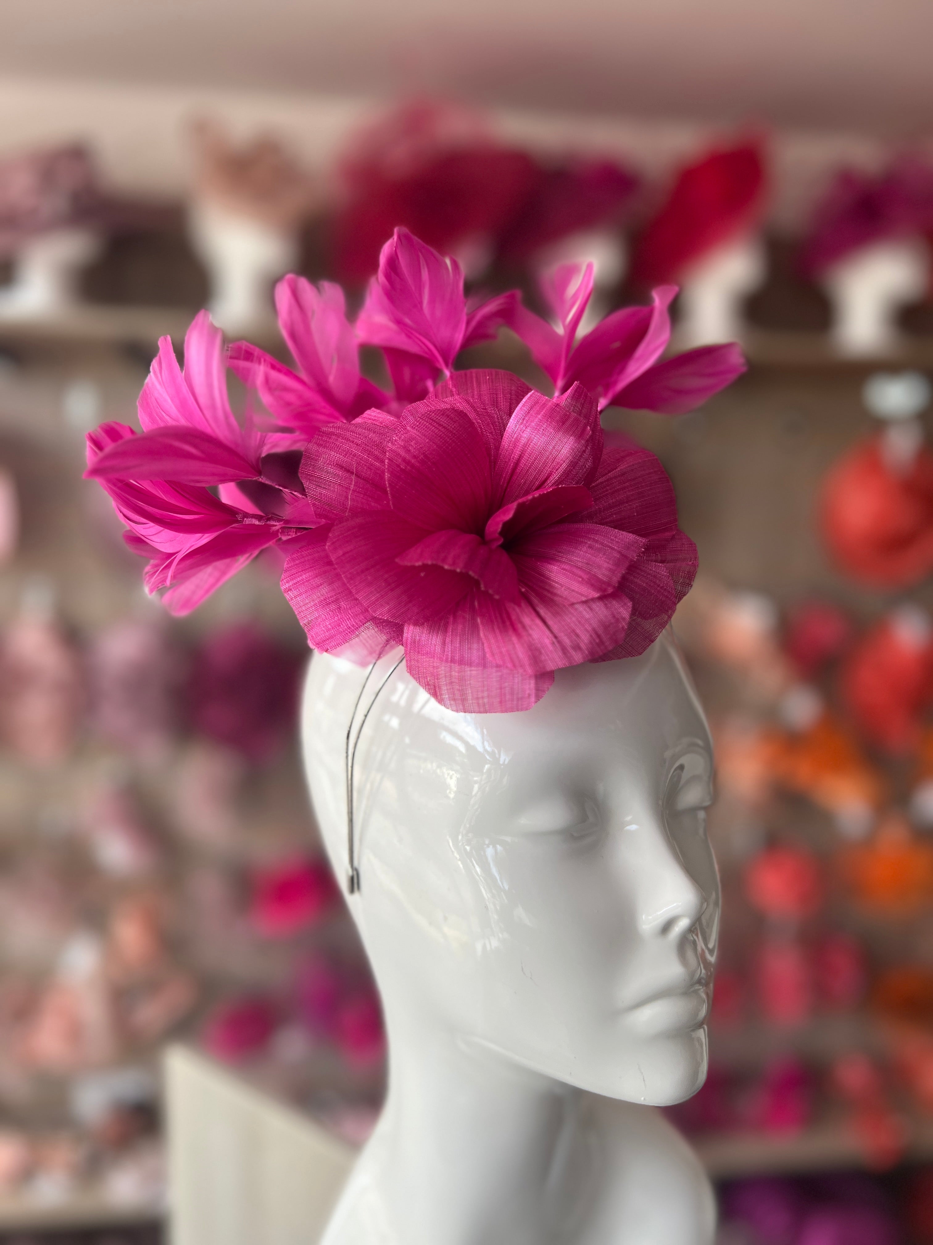 Fuchsia & Turquoise Feather Flower Headband Fascinator kentucky derby hat fascinator hot pink and cobalt blue  main image 4