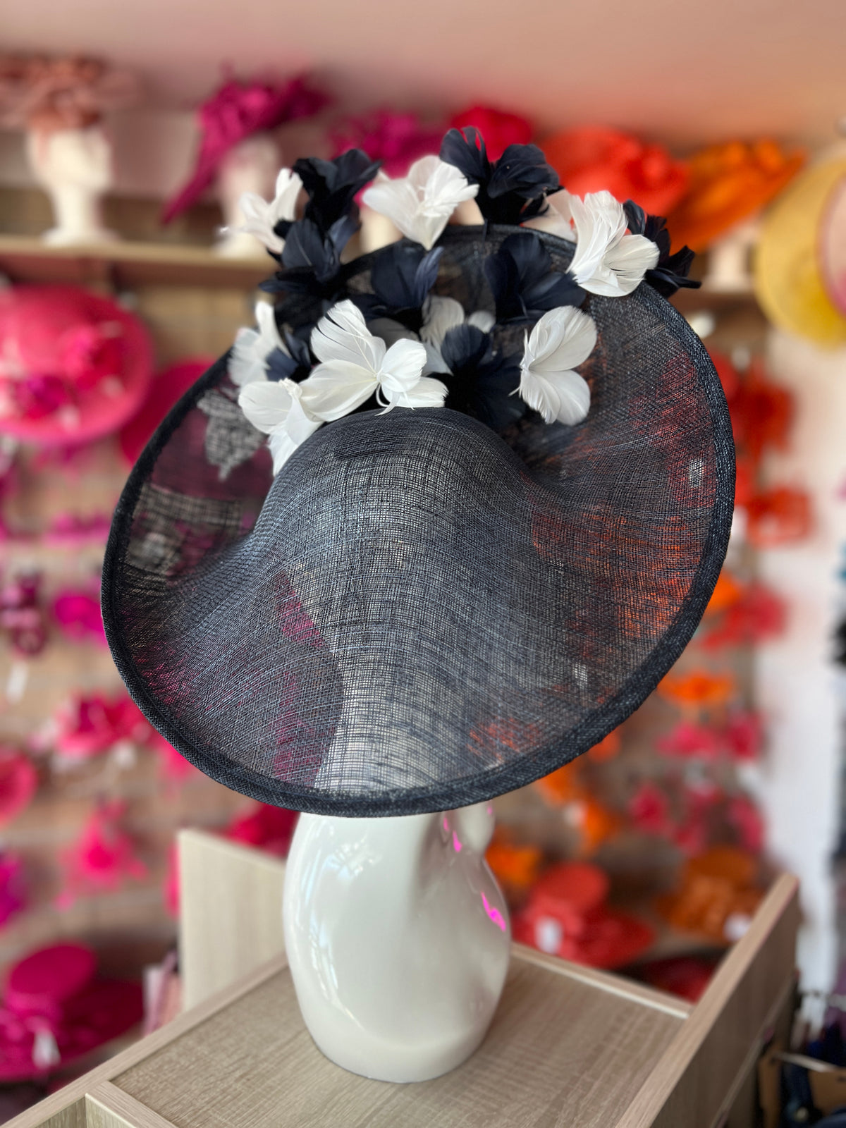 Floral Fantasy Navy &amp; White Hatinator with Upturned Brim-Fascinators Direct