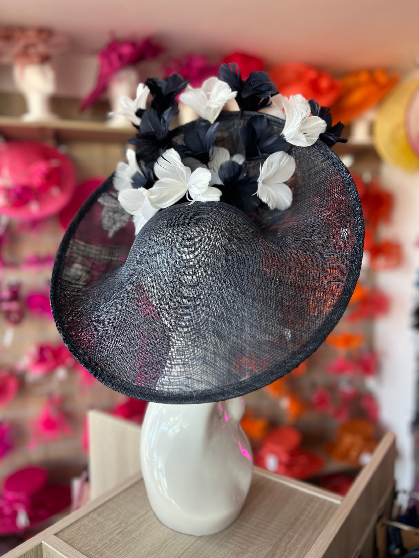 Floral Fantasy Navy & White Hatinator with Upturned Brim-Fascinators Direct