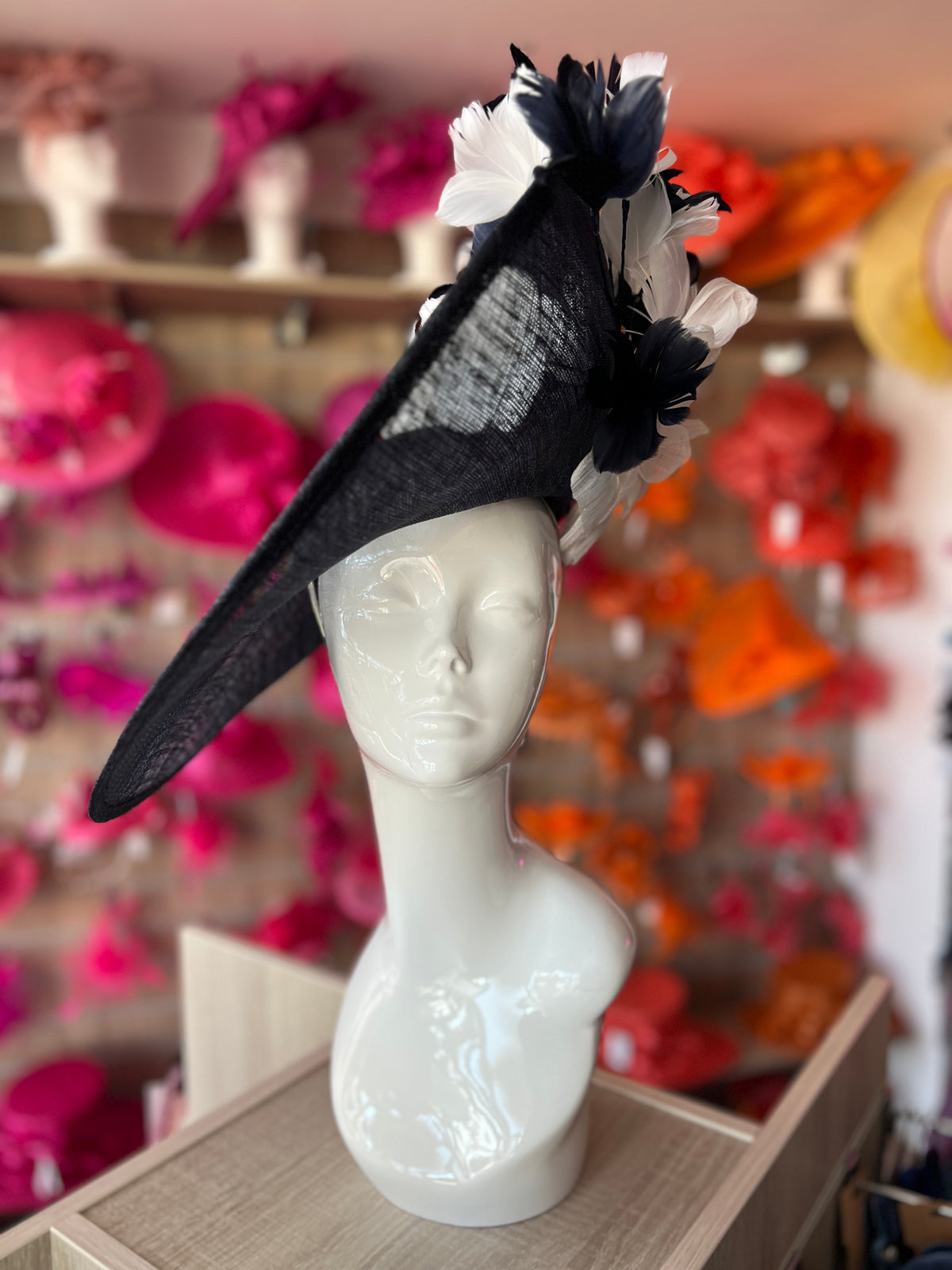 Floral Fantasy Navy &amp; White Hatinator with Upturned Brim-Fascinators Direct