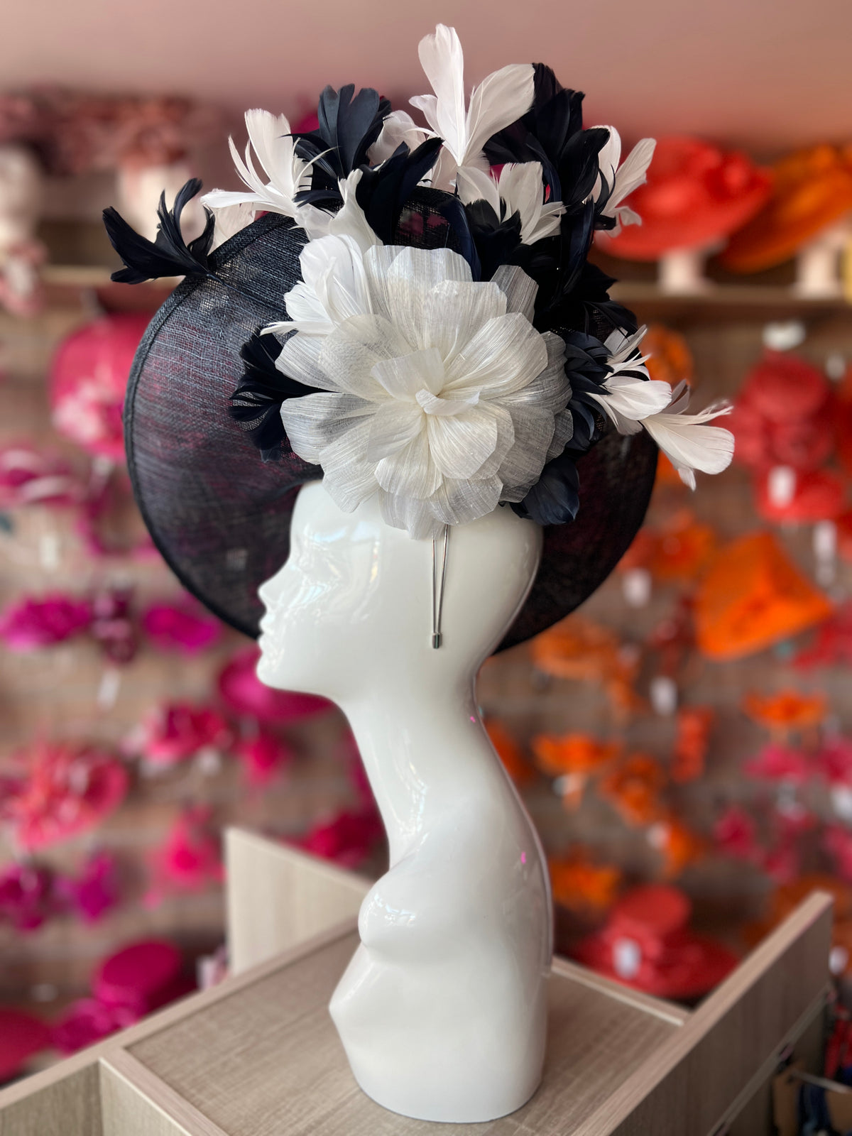 Floral Fantasy Navy &amp; White Hatinator with Upturned Brim-Fascinators Direct