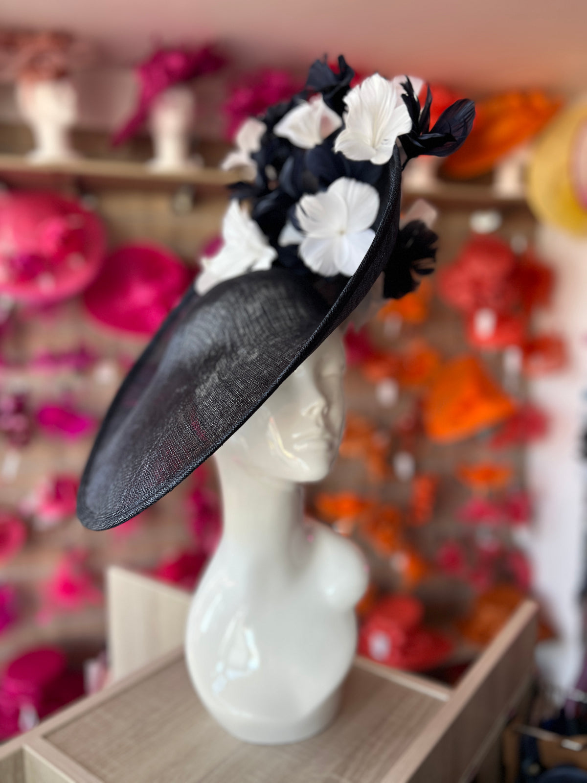 Floral Fantasy Navy &amp; White Hatinator with Upturned Brim-Fascinators Direct