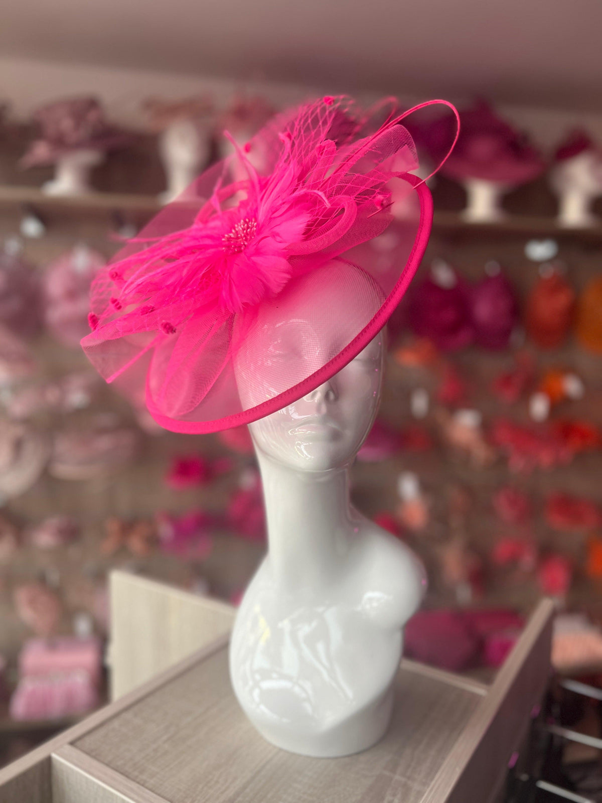 Florescent Pink Large Fascinator With Feather Flower &amp; Netting-Fascinators Direct