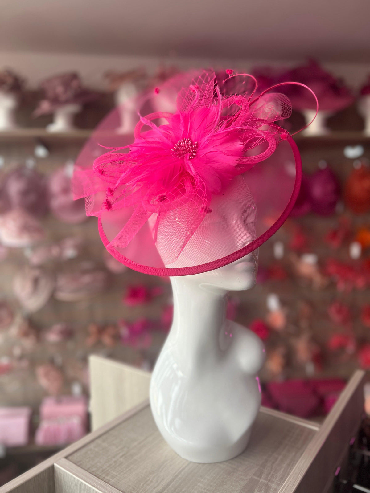 Florescent Pink Large Fascinator With Feather Flower &amp; Netting-Fascinators Direct