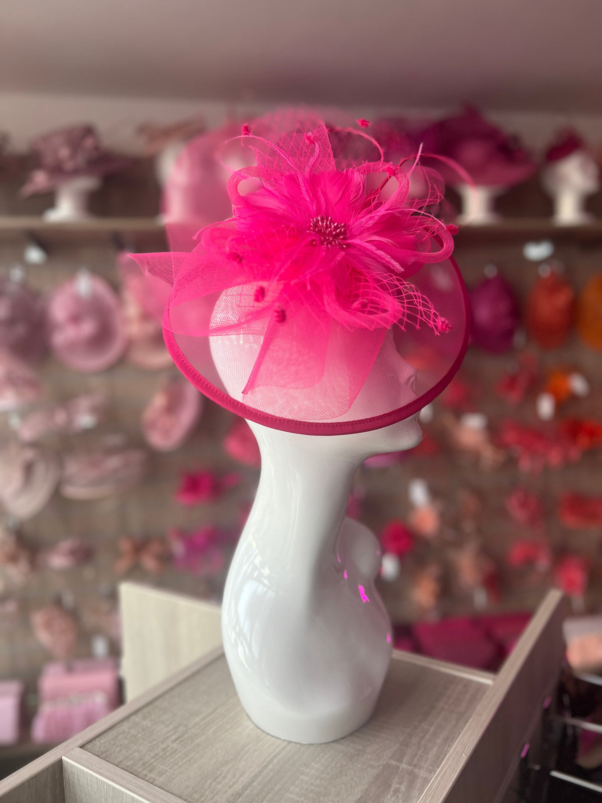 Florescent Pink Large Fascinator With Feather Flower &amp; Netting-Fascinators Direct