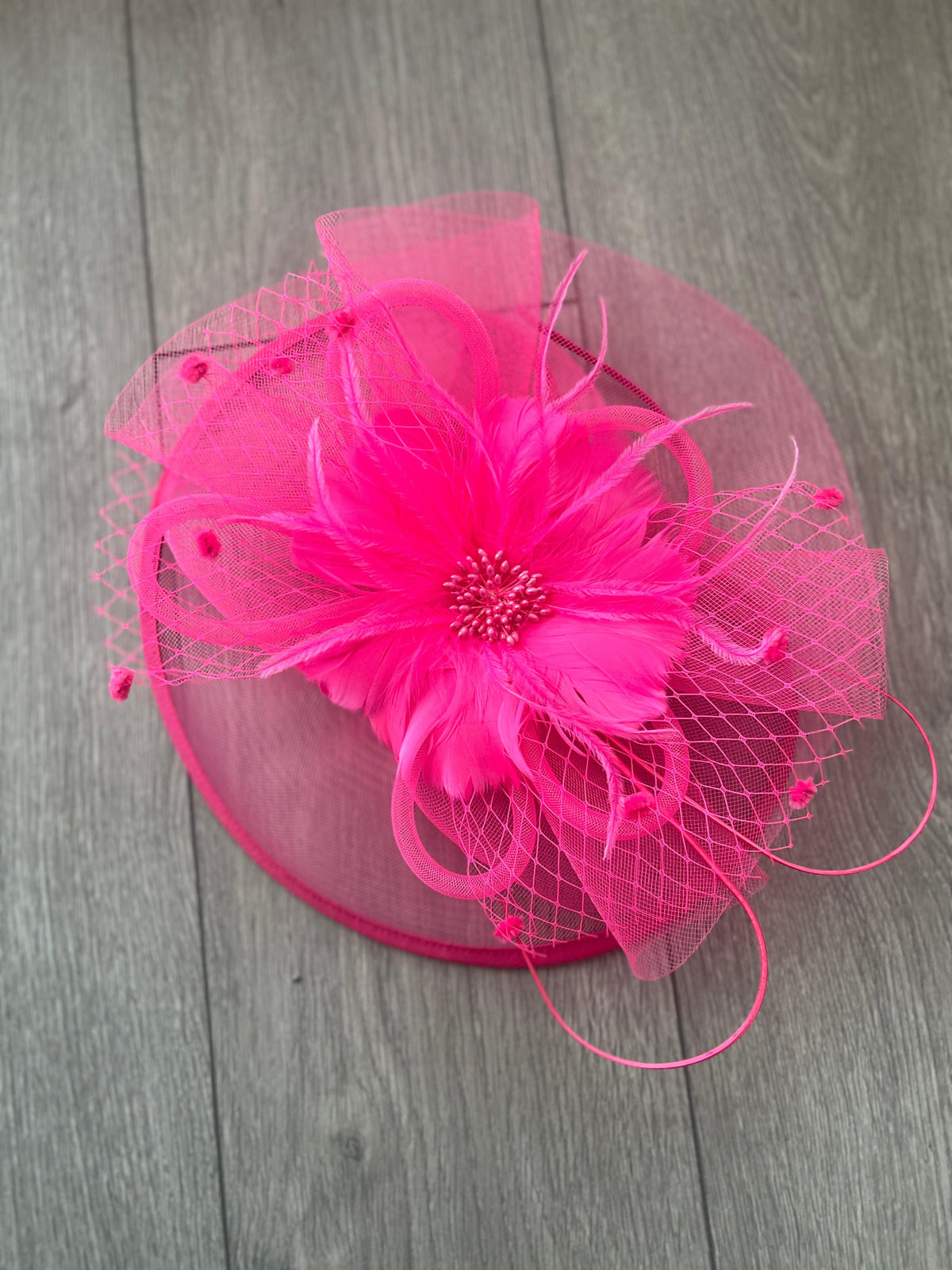 Florescent Pink Large Fascinator With Feather Flower &amp; Netting-Fascinators Direct