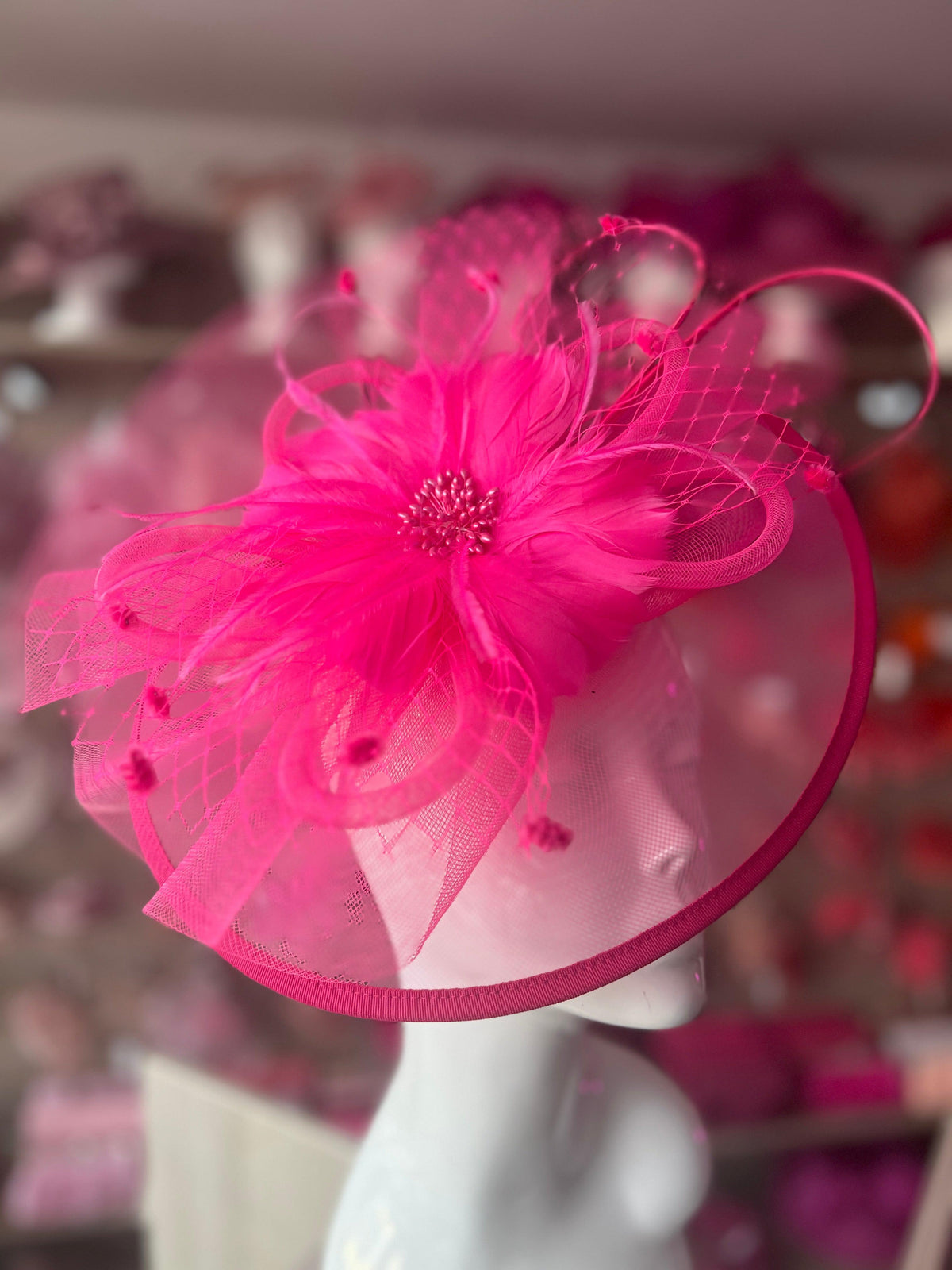Florescent Pink Large Fascinator With Feather Flower &amp; Netting-Fascinators Direct