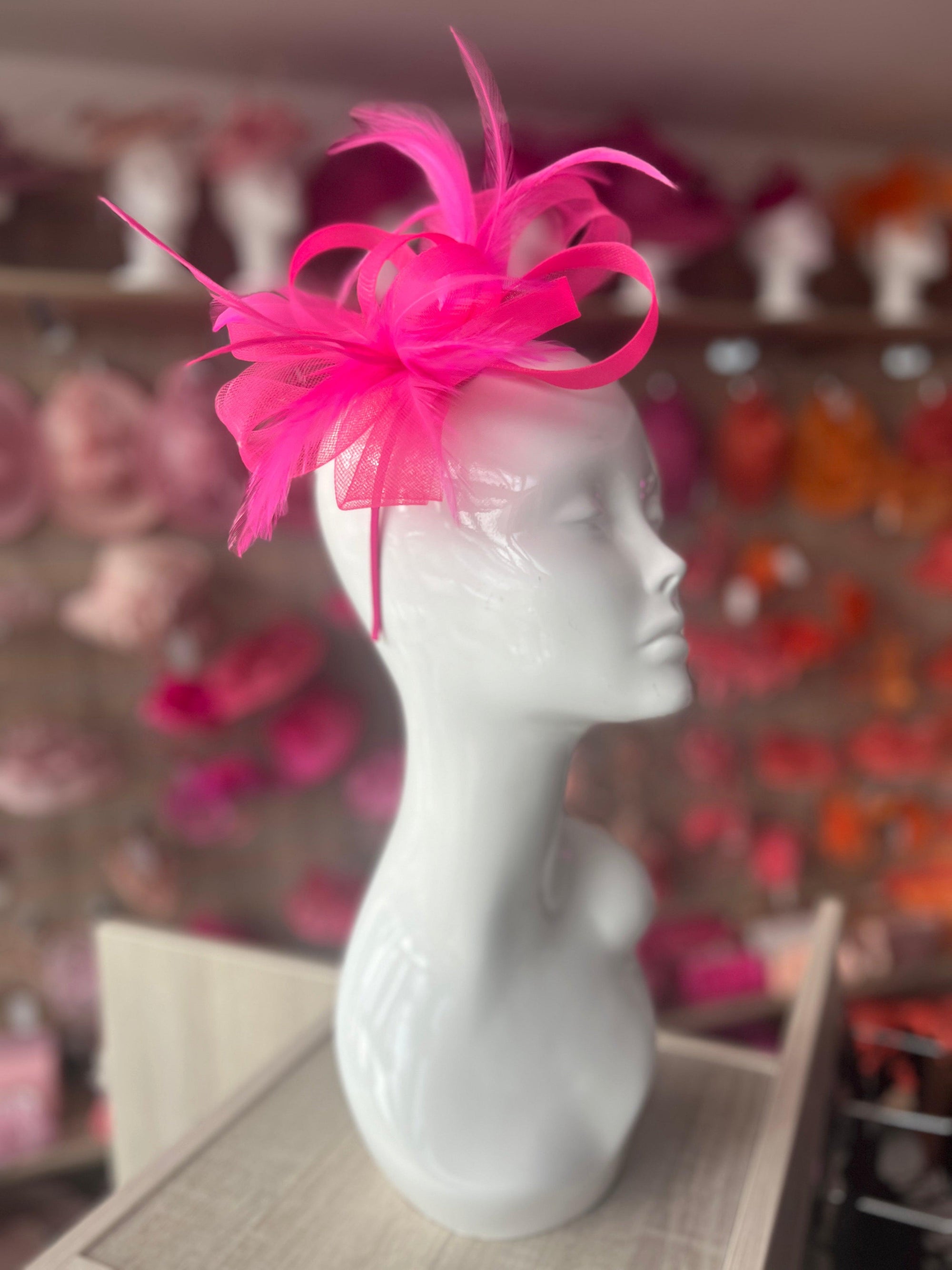 Florescent Pink Loop Bow Fascinator With Feathers-Fascinators Direct