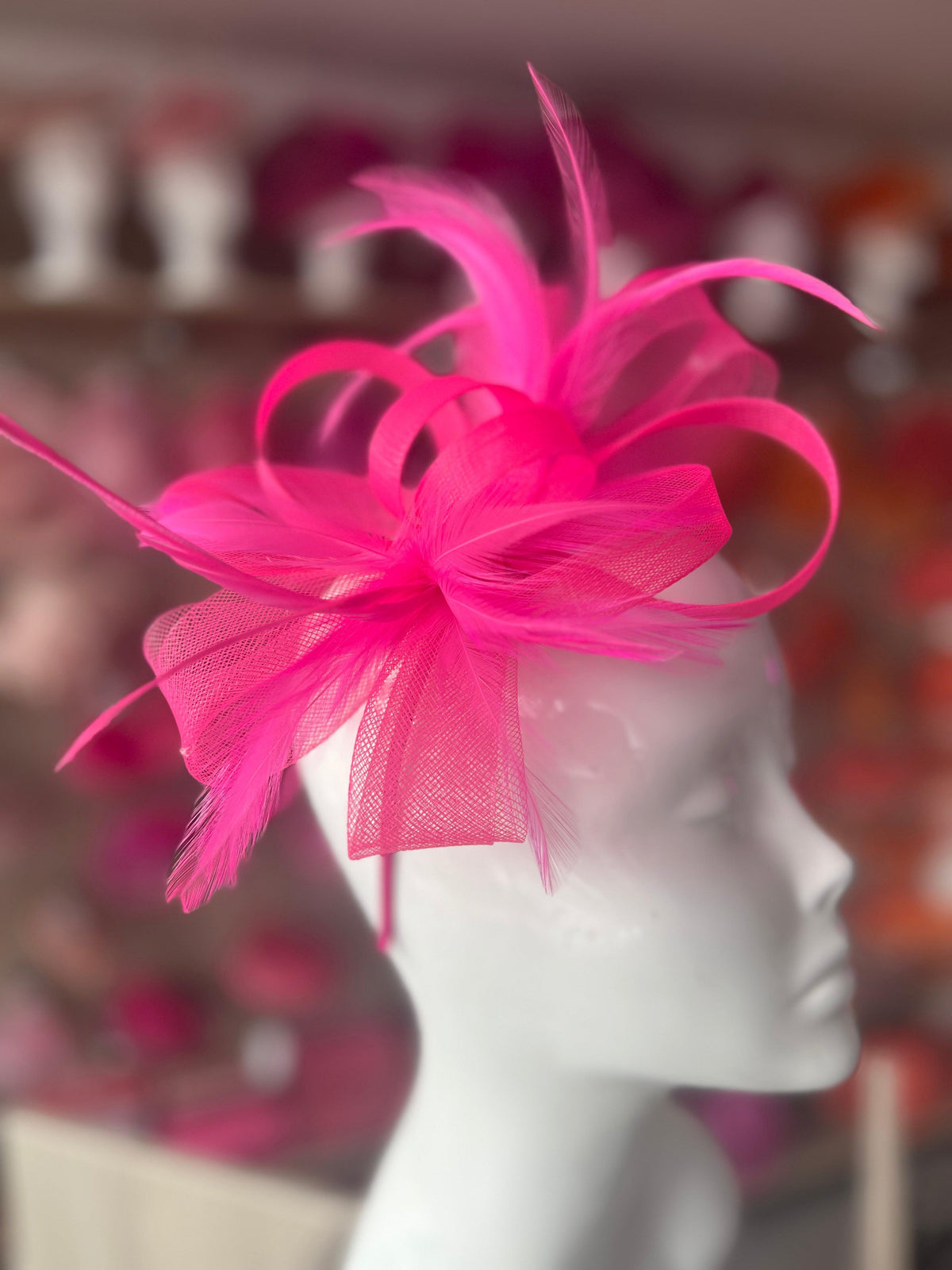 Florescent Pink Loop Bow Fascinator With Feathers-Fascinators Direct