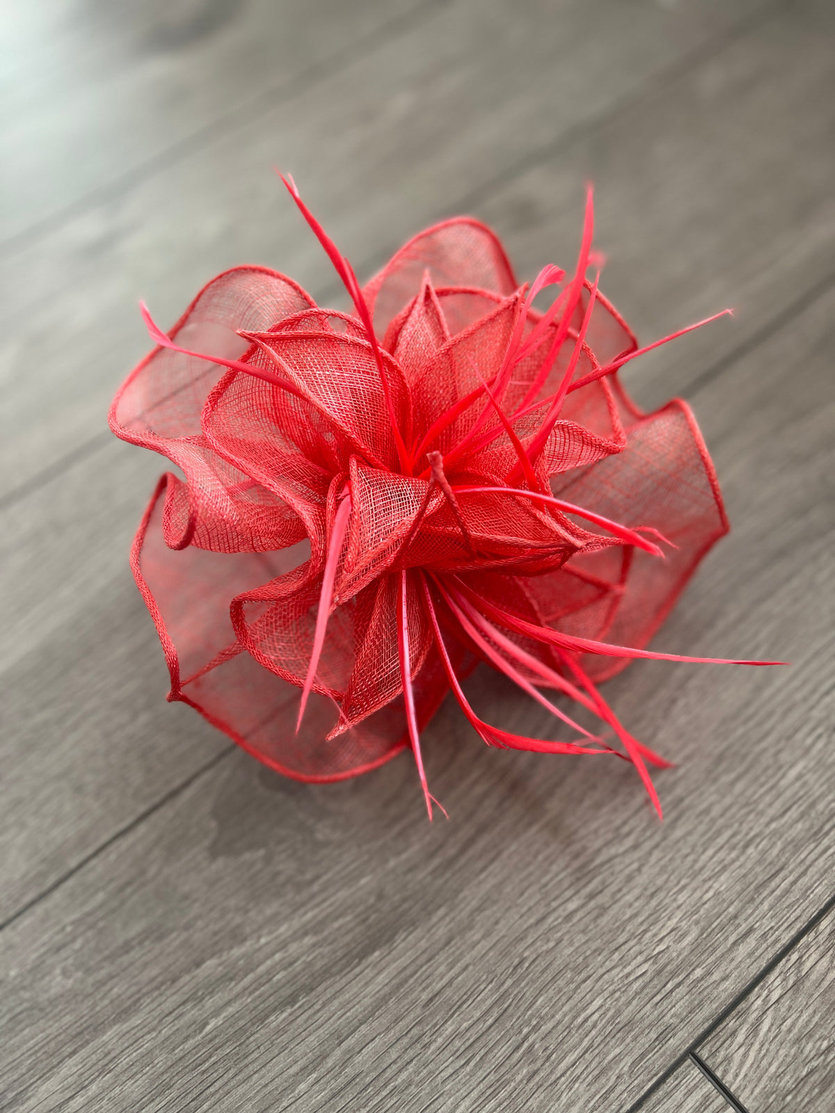 Fluted Sinamay Flower Hot Coral Fascinator Headband-Fascinators Direct