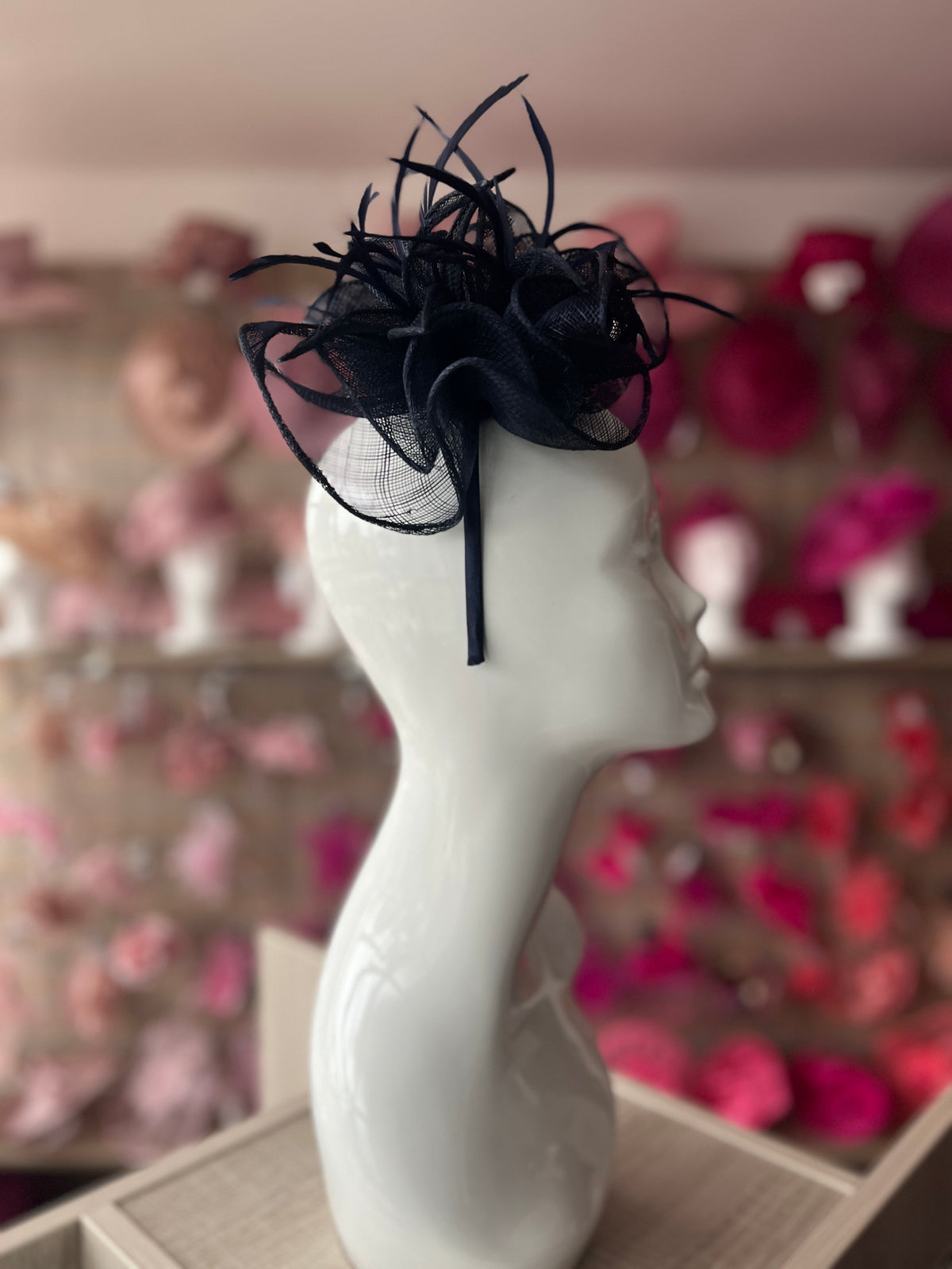 Fluted Sinamay Flower Navy Fascinator Headband-Fascinators Direct