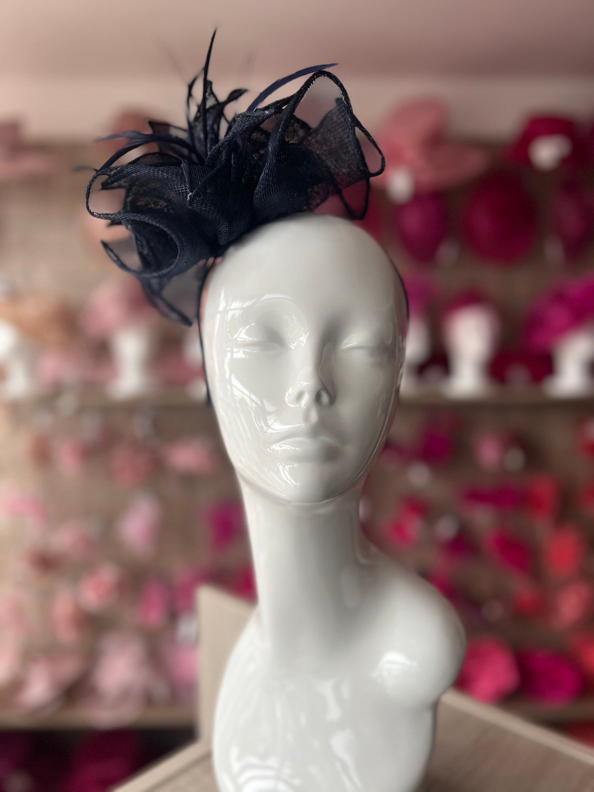 Fluted Sinamay Flower Navy Fascinator Headband-Fascinators Direct