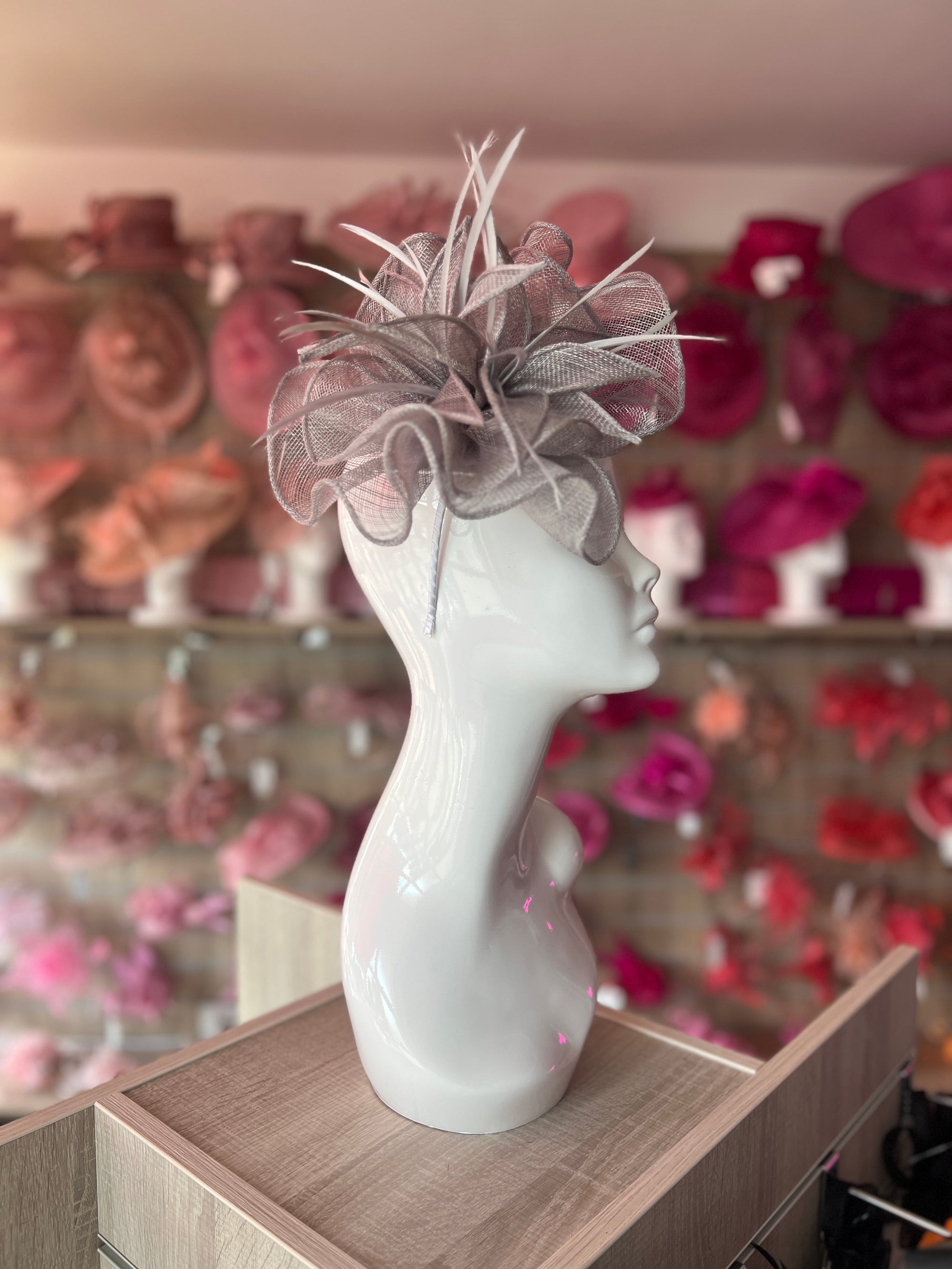 Fluted Sinamay Flower Silver Grey Fascinator Headband-Fascinators Direct