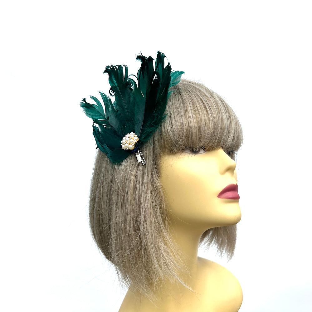 Forest Green Fascinator Clip with Vintage Feathers & Pearls-Fascinators Direct