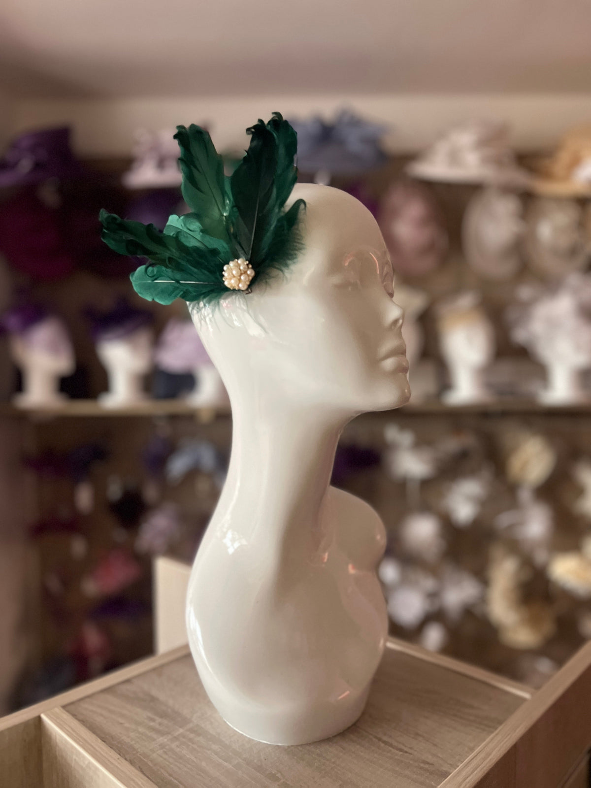 Forest Green Fascinator Clip with Vintage Feathers &amp; Pearls-Fascinators Direct