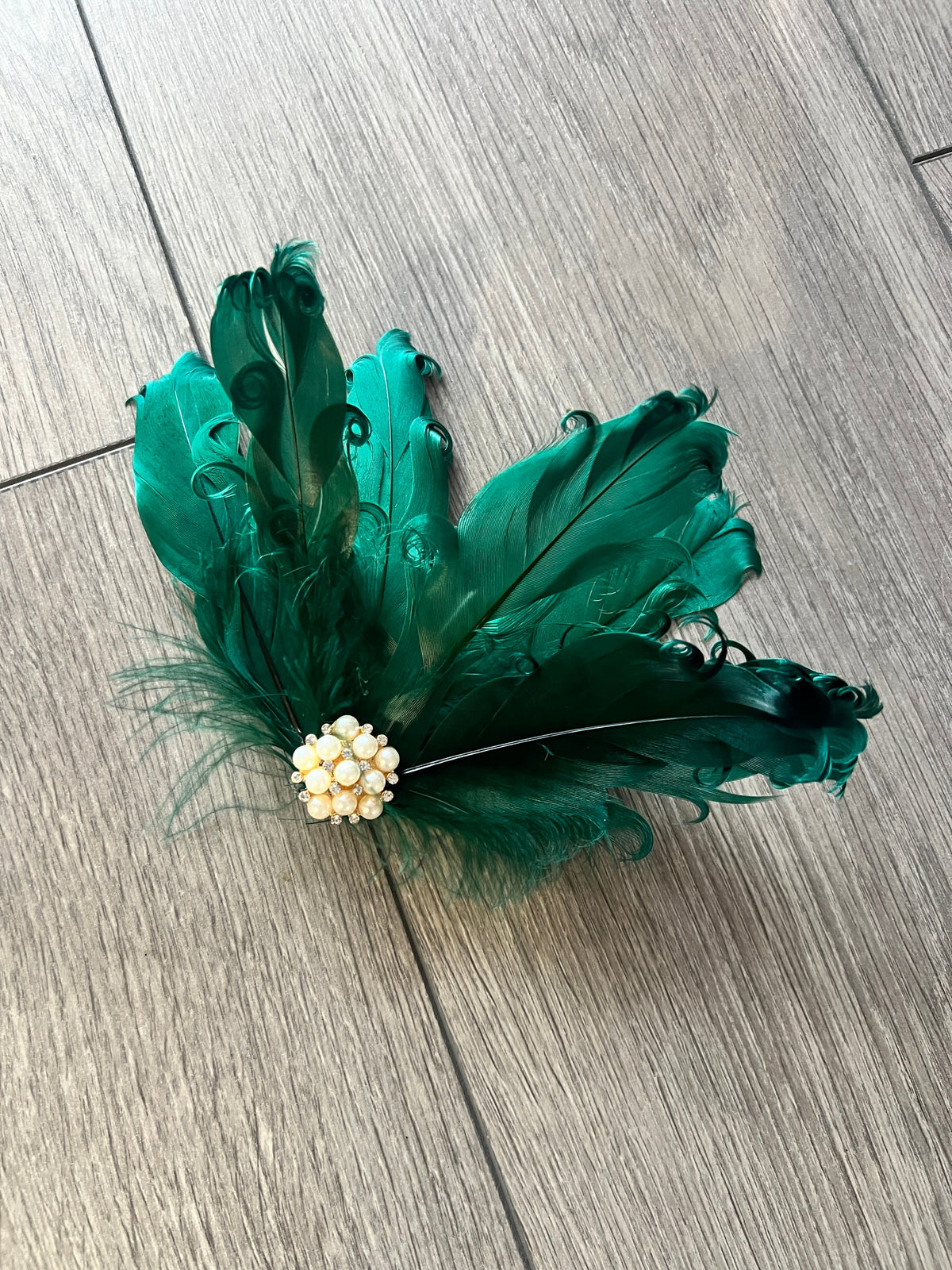 Forest Green Fascinator Clip with Vintage Feathers &amp; Pearls-Fascinators Direct