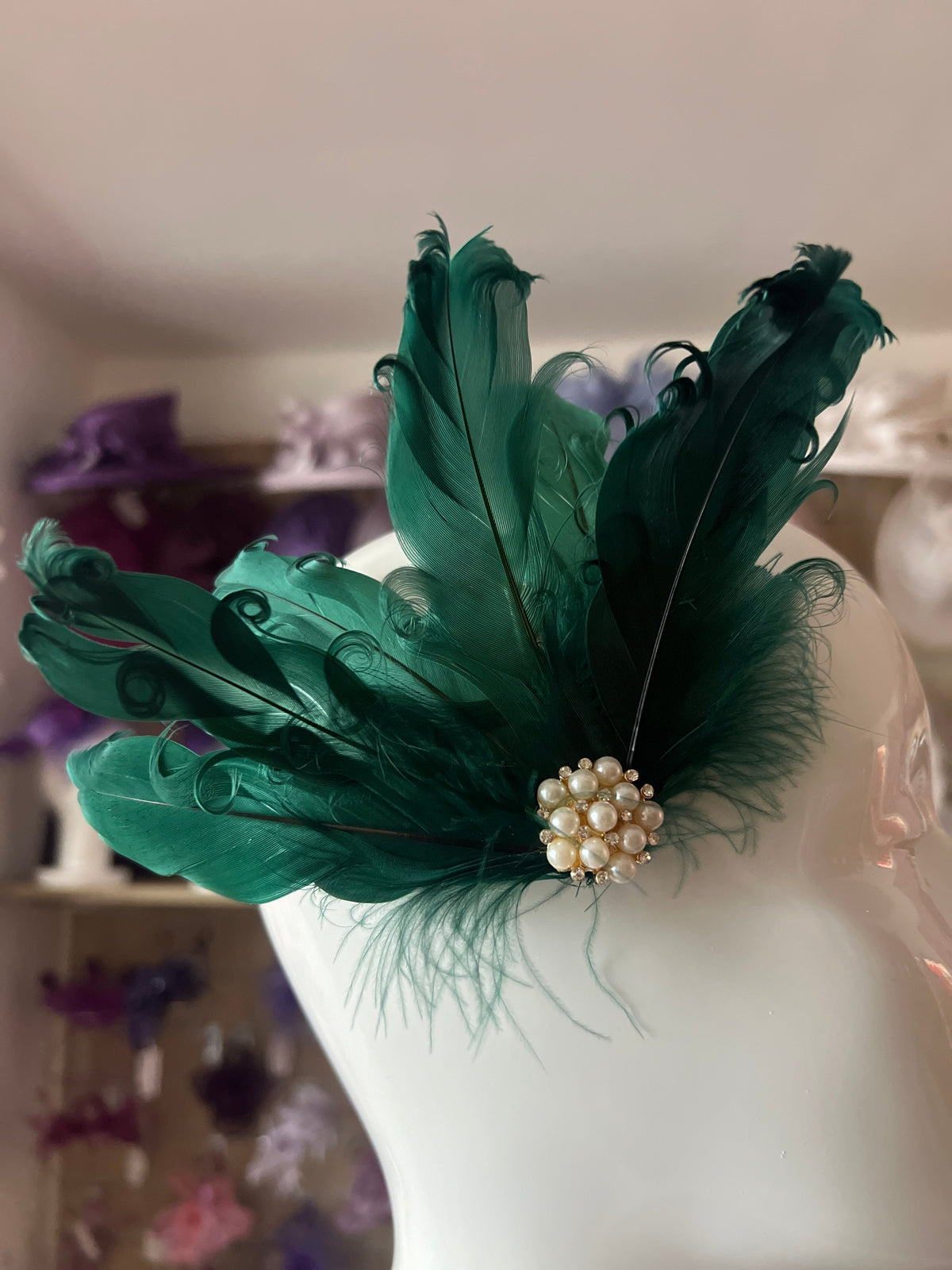 Forest Green Fascinator Clip with Vintage Feathers &amp; Pearls-Fascinators Direct