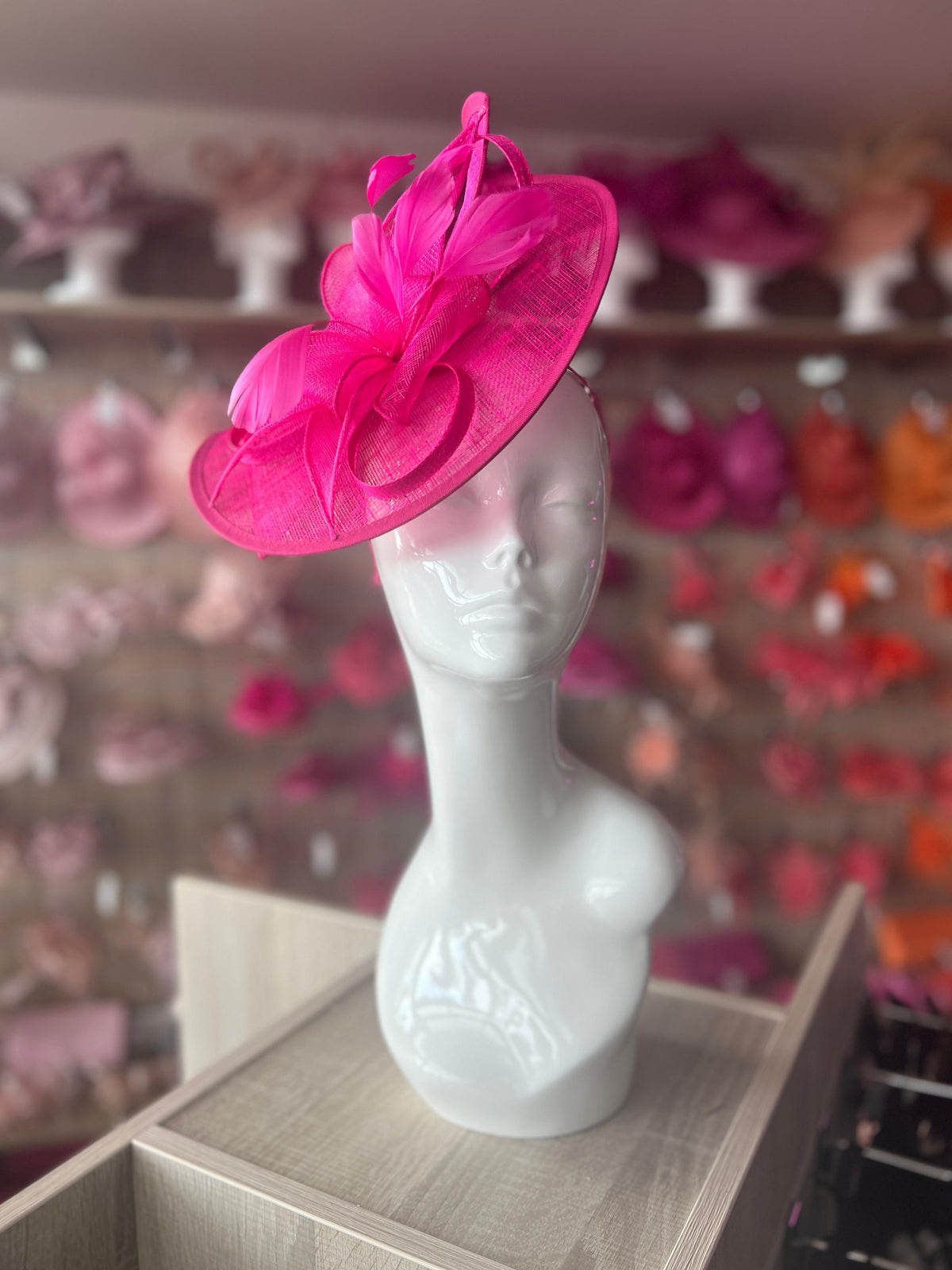 Fuchsia Asymmetric Disc Fascinator With Feathers-Fascinators Direct