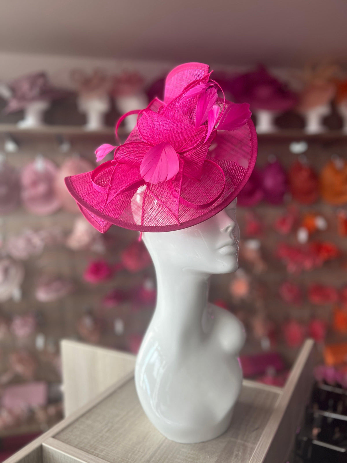 Fuchsia Asymmetric Disc Fascinator With Feathers-Fascinators Direct
