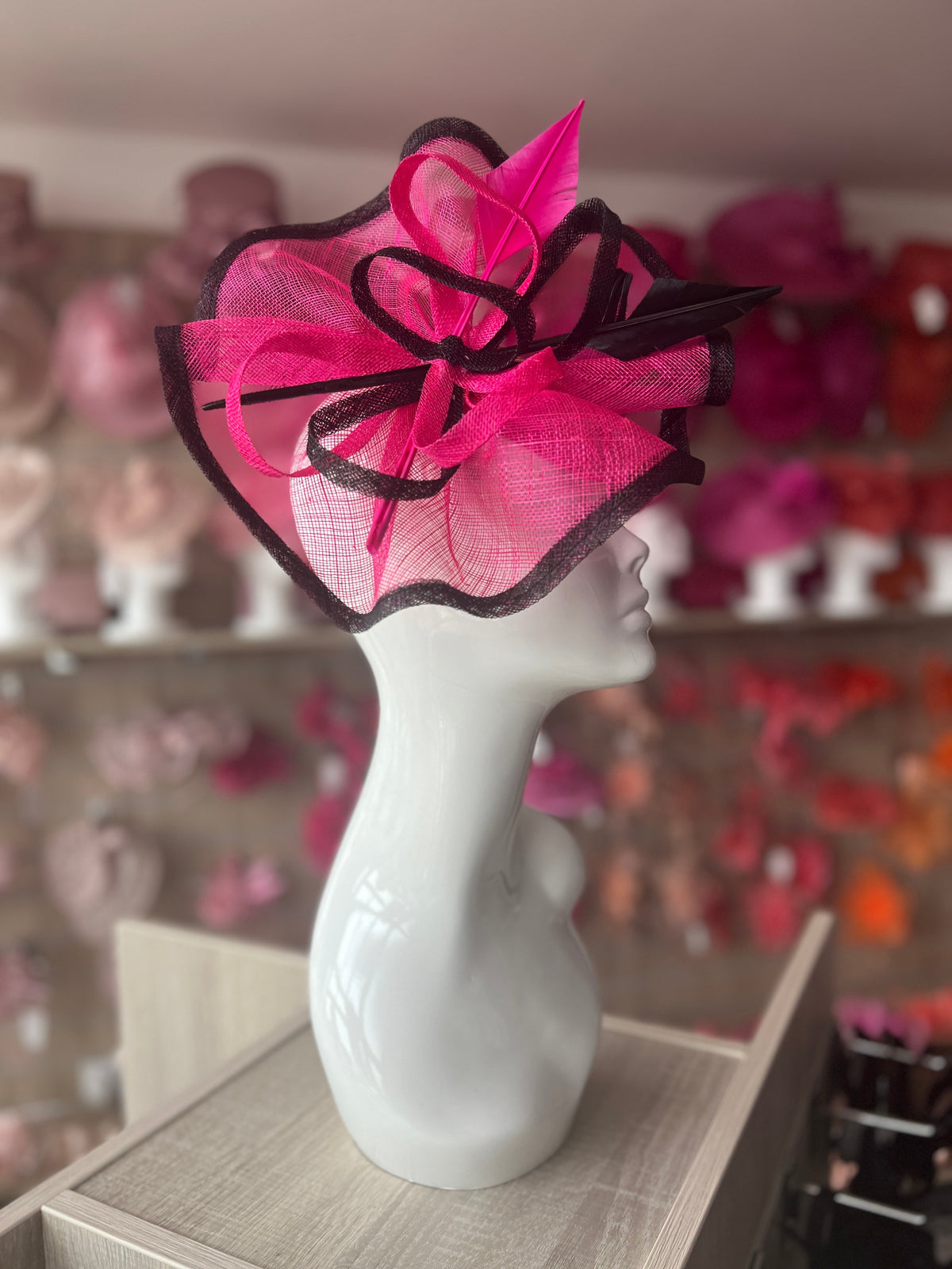 Fuchsia &amp; Black Large Fascinator with Ruched Sinamay &amp; Feathers-Fascinators Direct