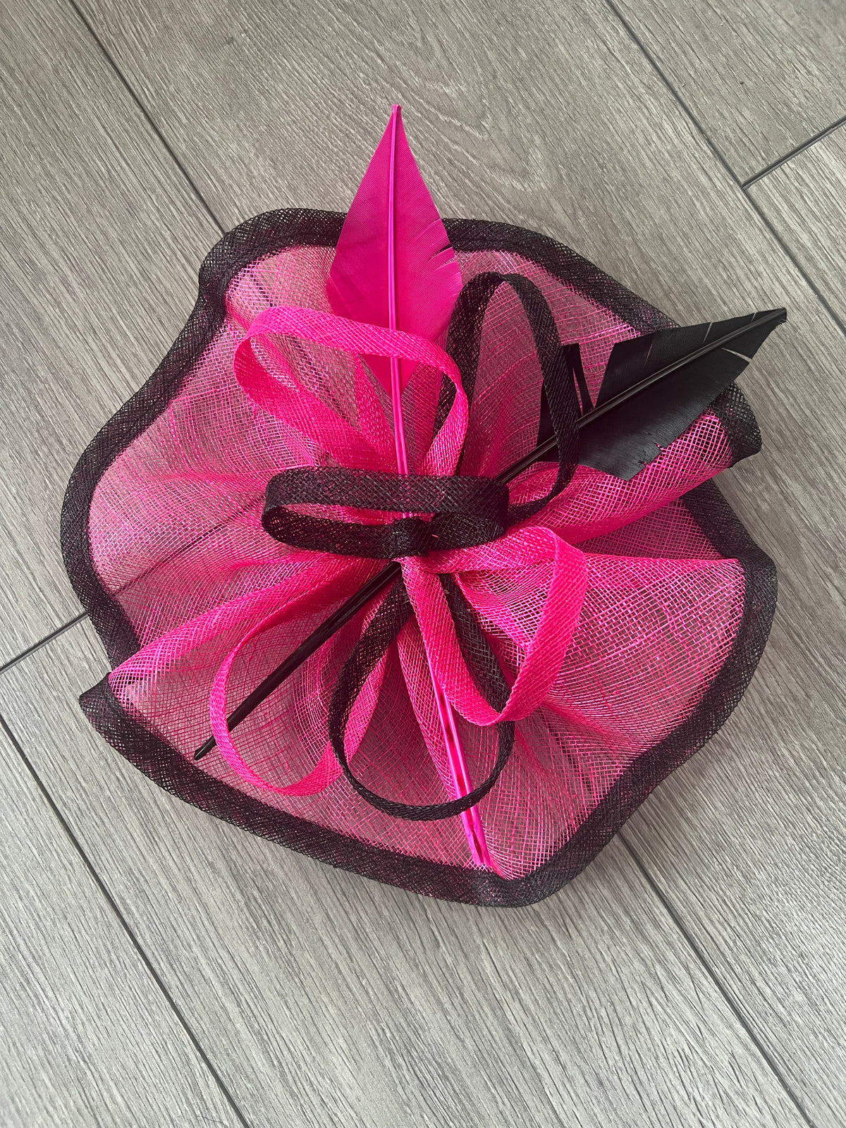 Fuchsia &amp; Black Large Fascinator with Ruched Sinamay &amp; Feathers-Fascinators Direct