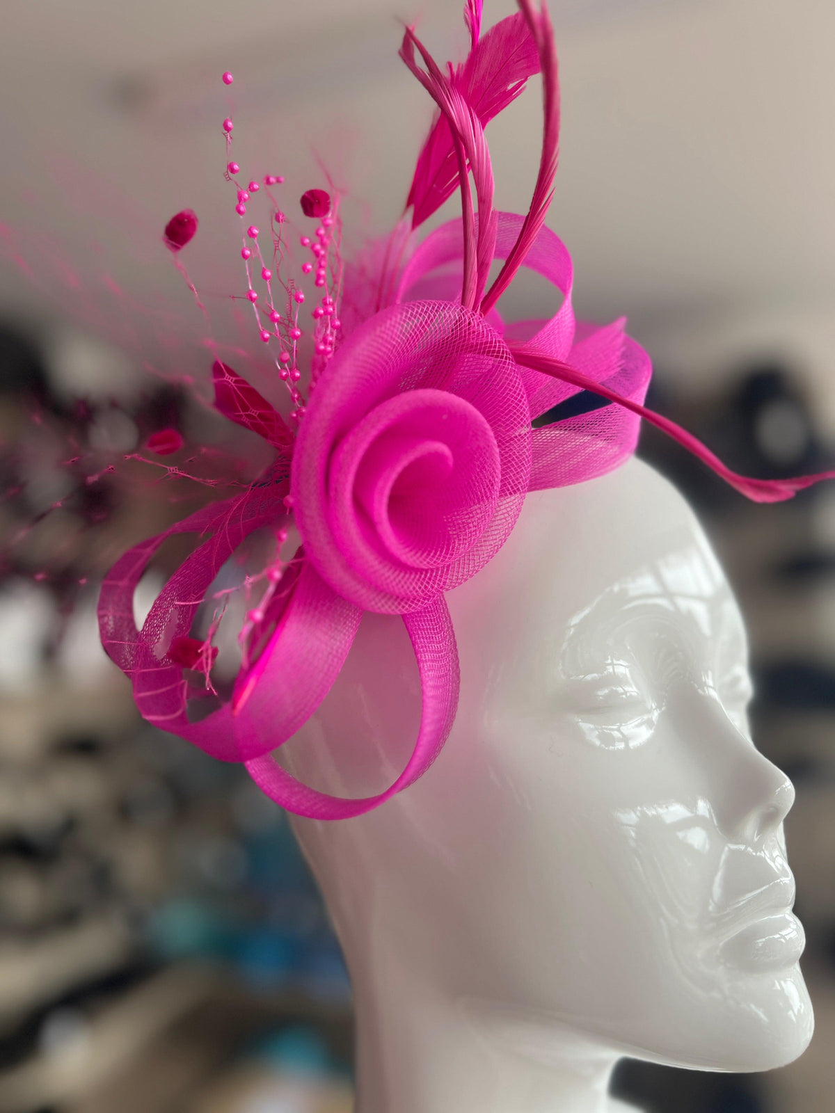 Fuchsia Crinoline Fascinator with Beads, Loops &amp; Netting-Fascinators Direct