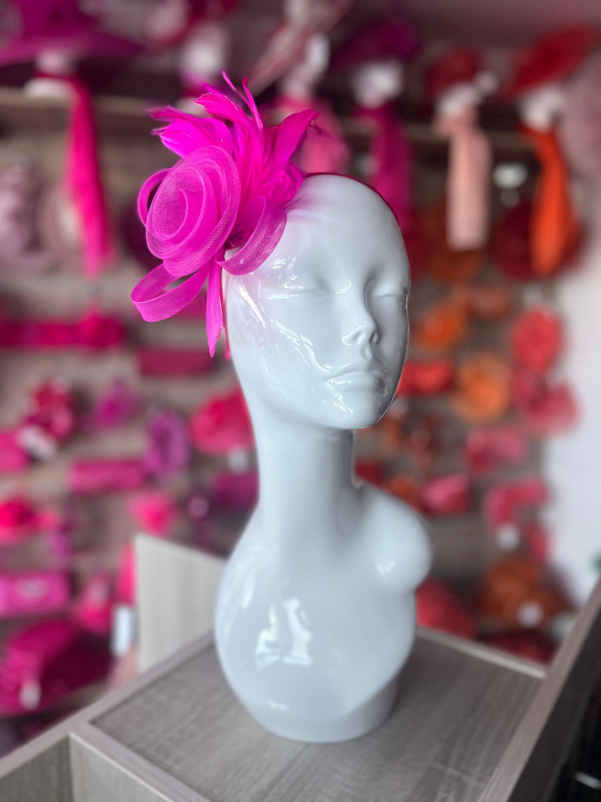 Fuchsia Crinoline Fascinator with Swirl &amp; Feathers-Fascinators Direct