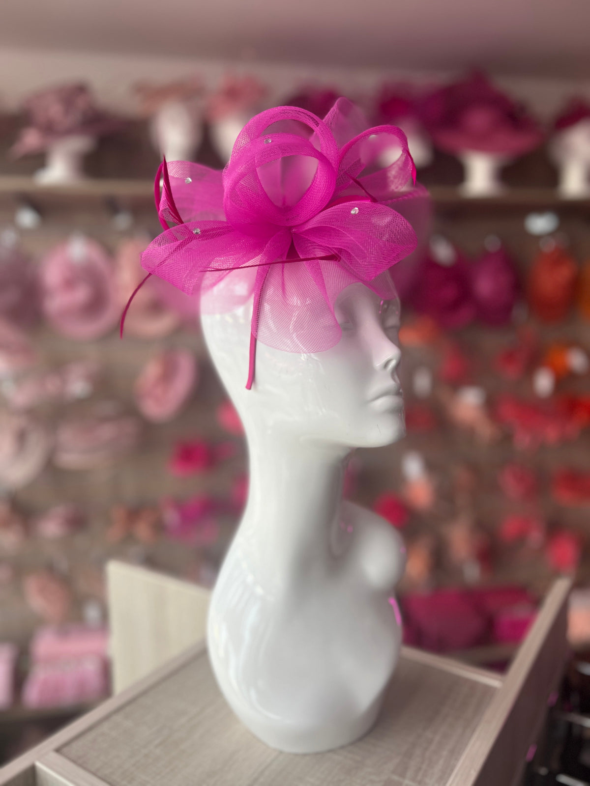 Fuchsia Diamante Fascinator With Ruched Crinoline &amp; Feathers-Fascinators Direct