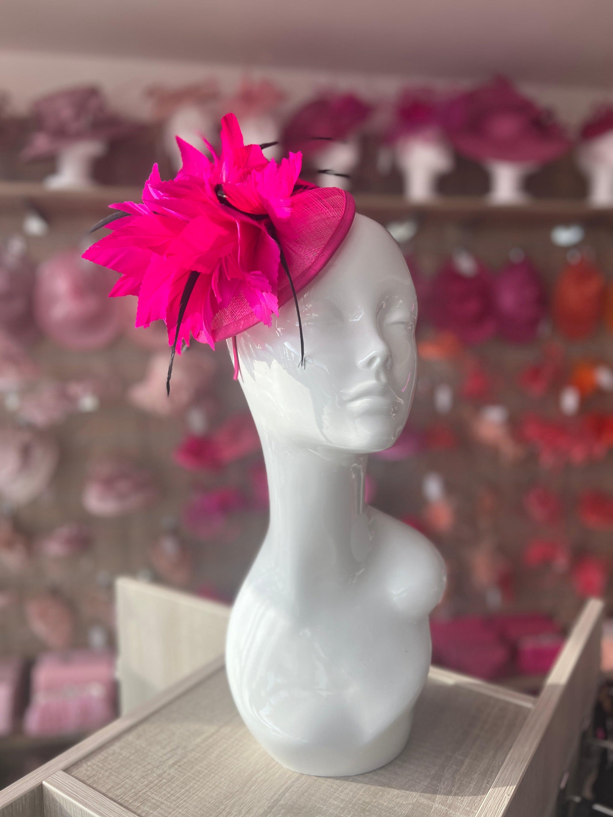 Fuchsia Disc Fascinator With Bendable Feather-Fascinators Direct