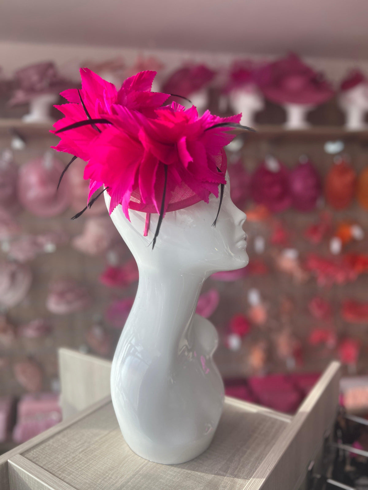 Fuchsia Disc Fascinator With Bendable Feather-Fascinators Direct
