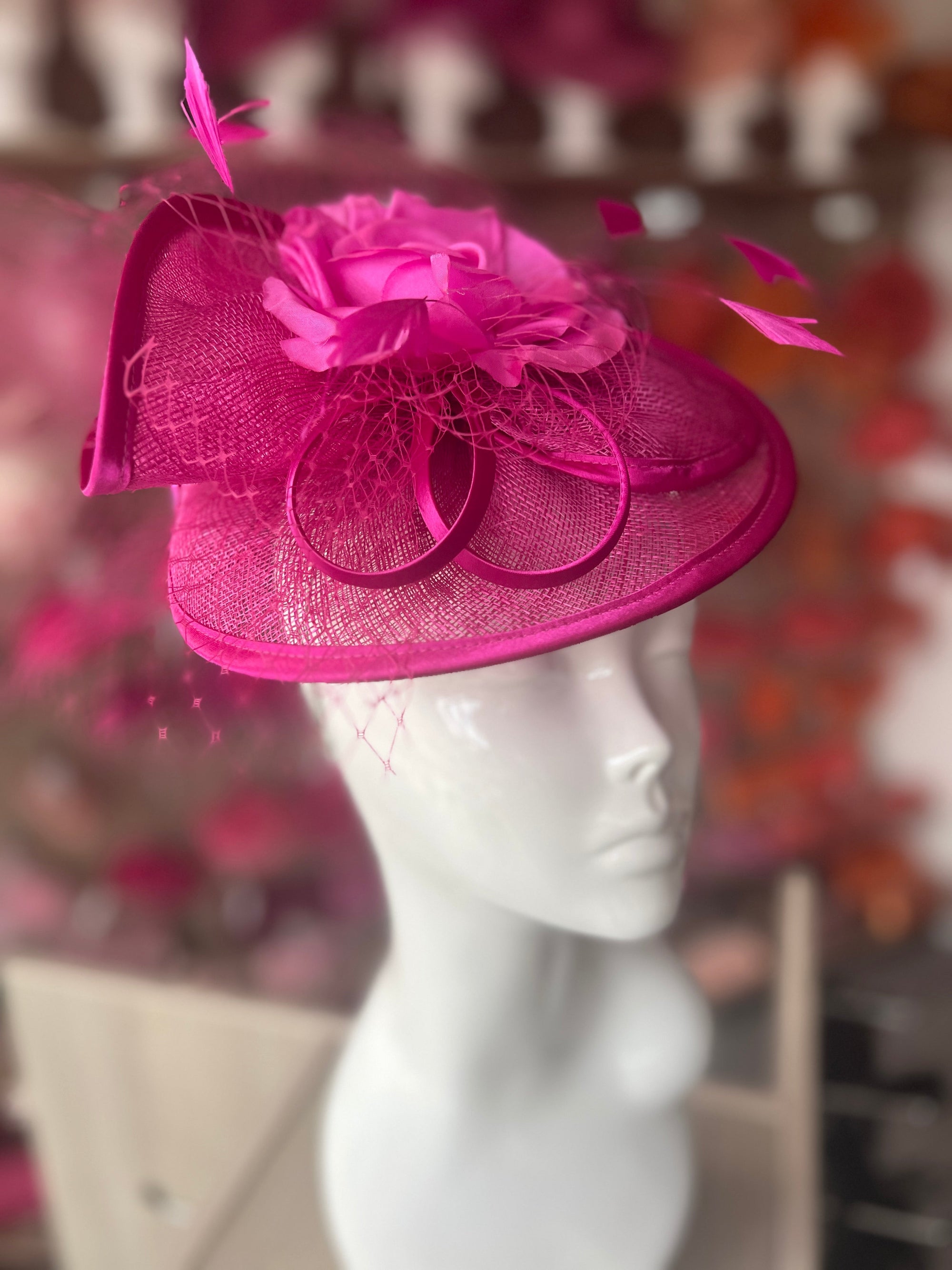 Fuchsia Disc Fascinator with Fabric Rose & Netting-Fascinators Direct