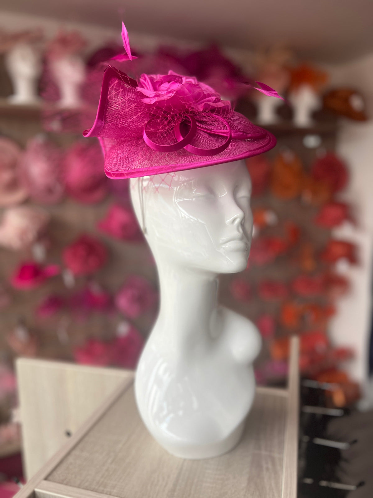 Fuchsia Disc Fascinator with Fabric Rose &amp; Netting-Fascinators Direct
