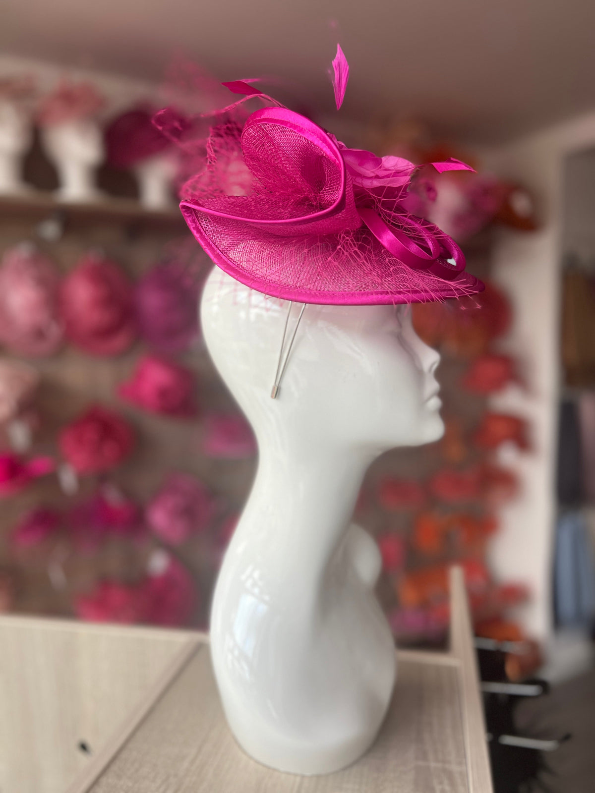 Fuchsia Disc Fascinator with Fabric Rose &amp; Netting-Fascinators Direct
