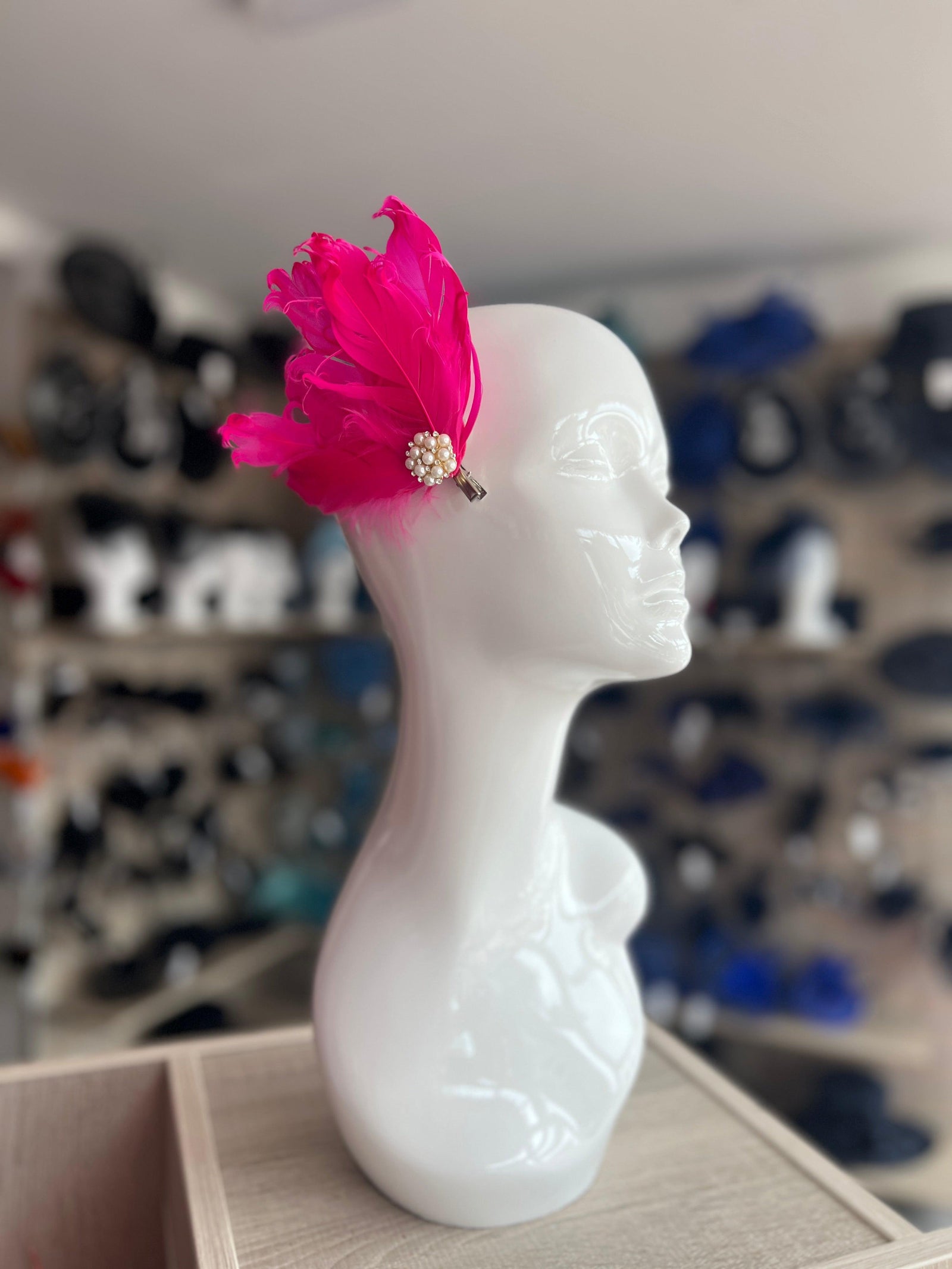 Fuchsia Fascinator Clip with Vintage Feathers & Pearls-Fascinators Direct
