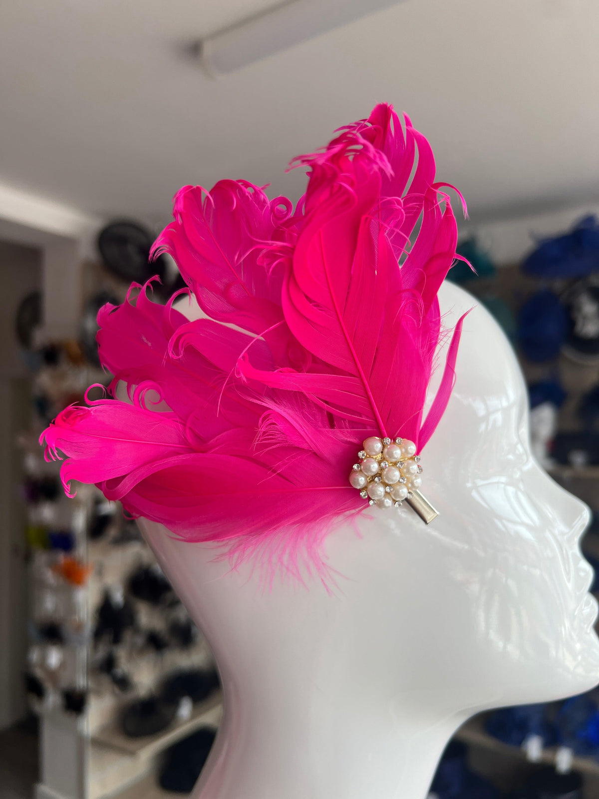 Fuchsia Fascinator Clip with Vintage Feathers &amp; Pearls-Fascinators Direct