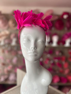 Fuchsia Fascinator Headband with Feather Petals & Diamanté display picture 1