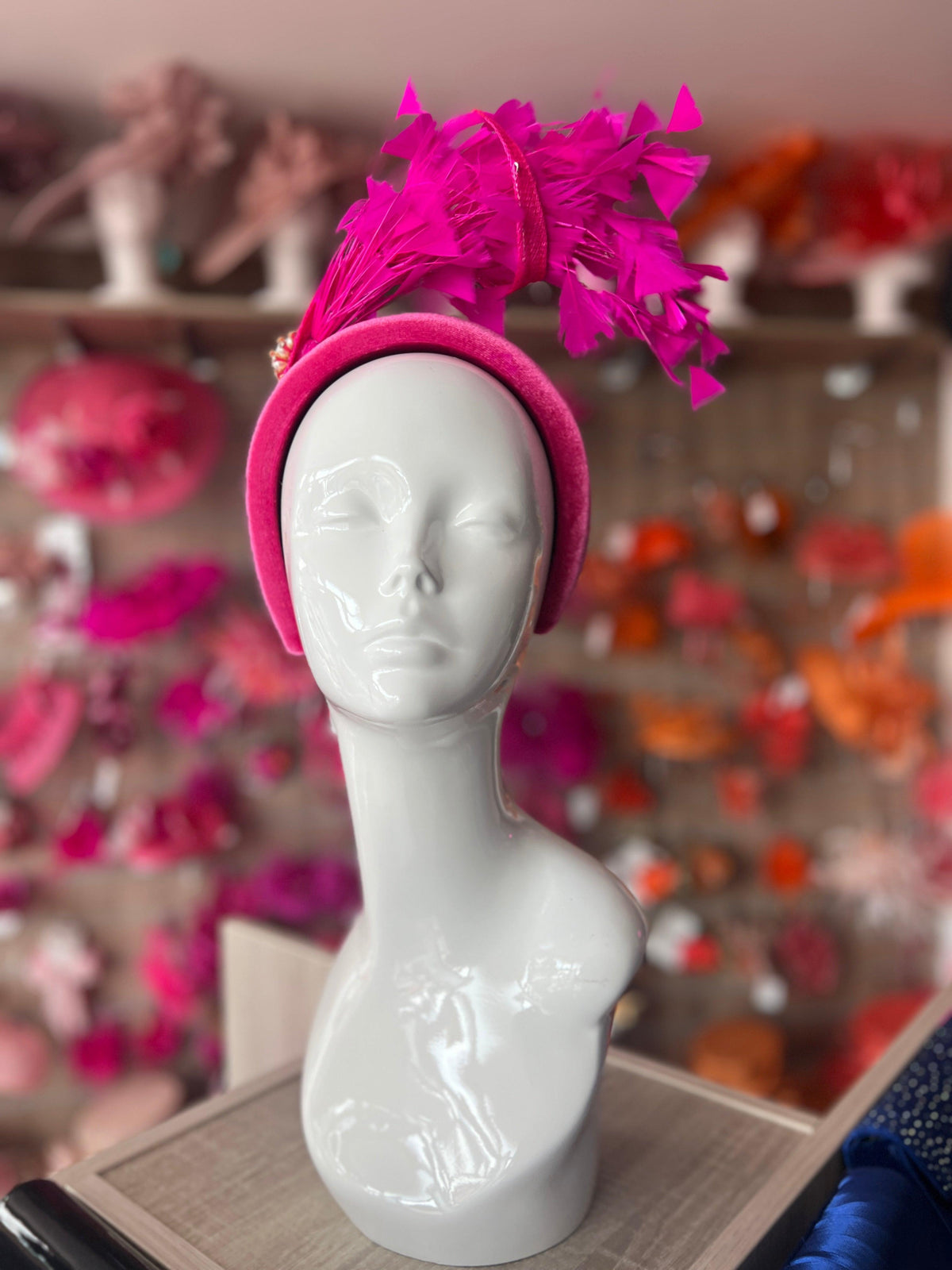 Fuchsia Feather Velvet Padded Headband Fascinator With Diamante &amp; Pearl Cluster-Fascinators Direct