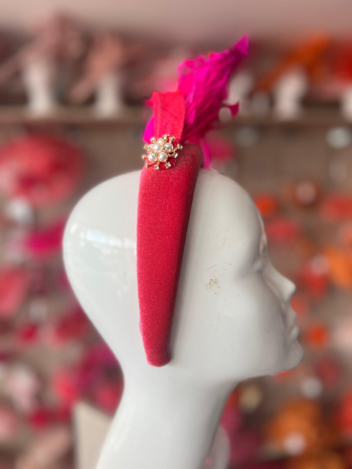 Fuchsia Feather Velvet Padded Headband Fascinator With Diamante &amp; Pearl Cluster-Fascinators Direct