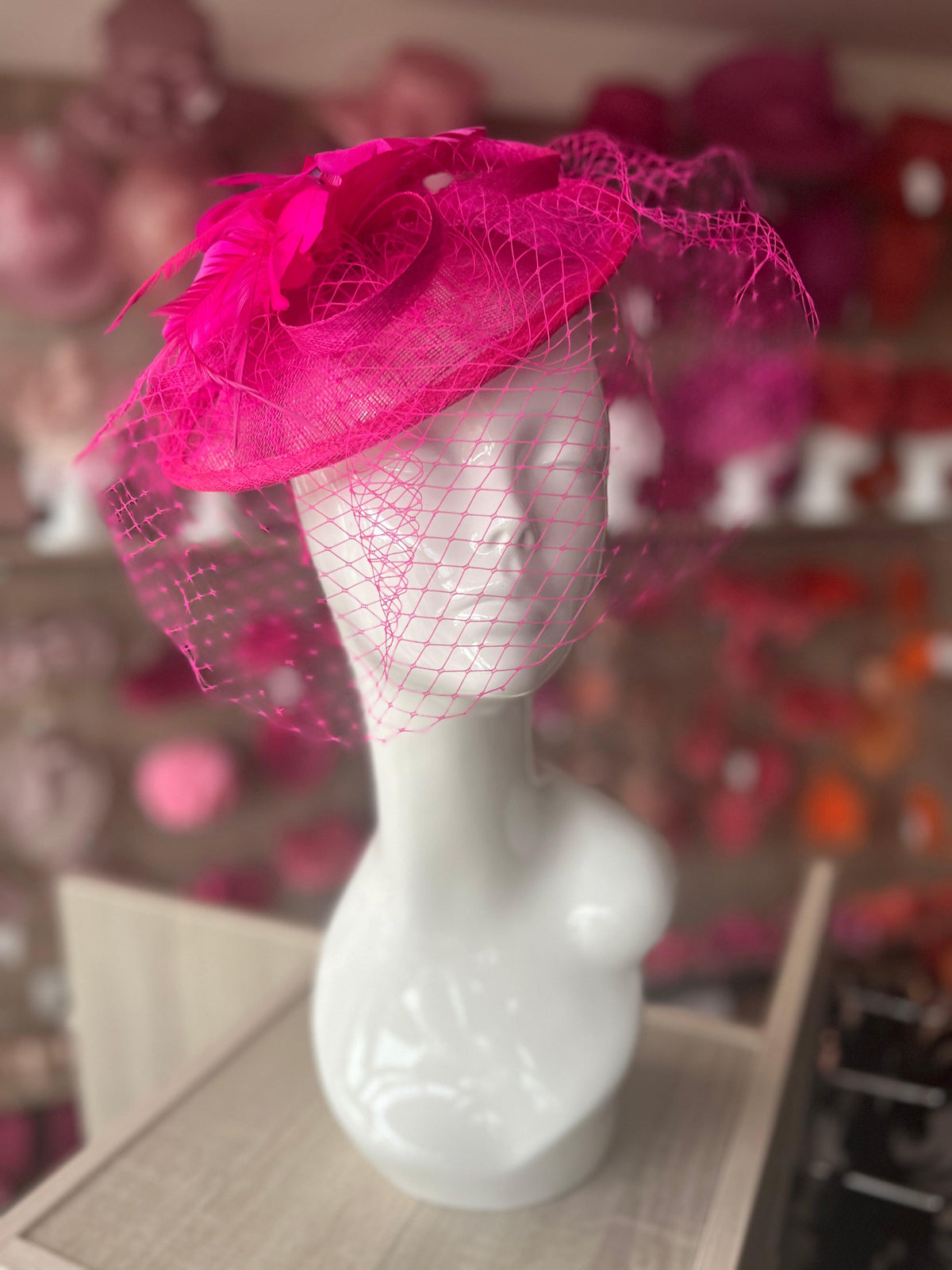Fuchsia Hatinator With Feather Flower &amp; Veil-Fascinators Direct