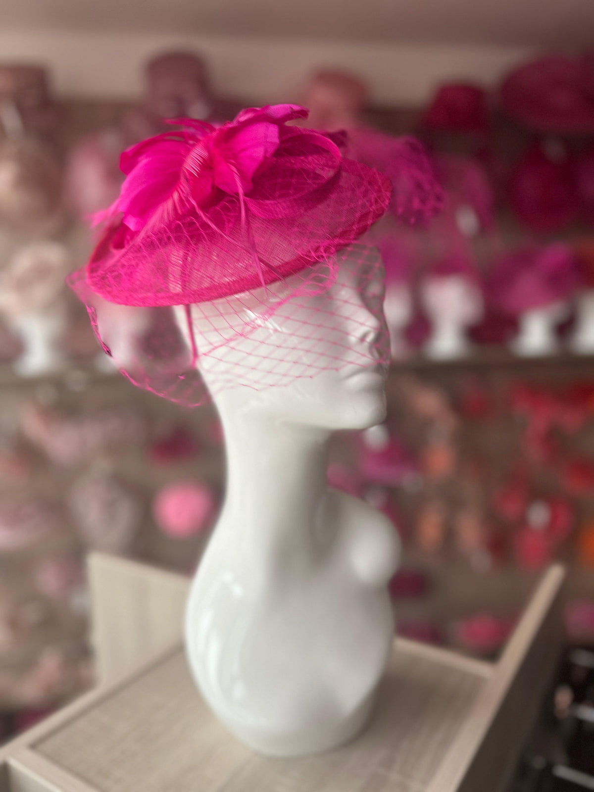 Fuchsia Hatinator With Feather Flower &amp; Veil-Fascinators Direct