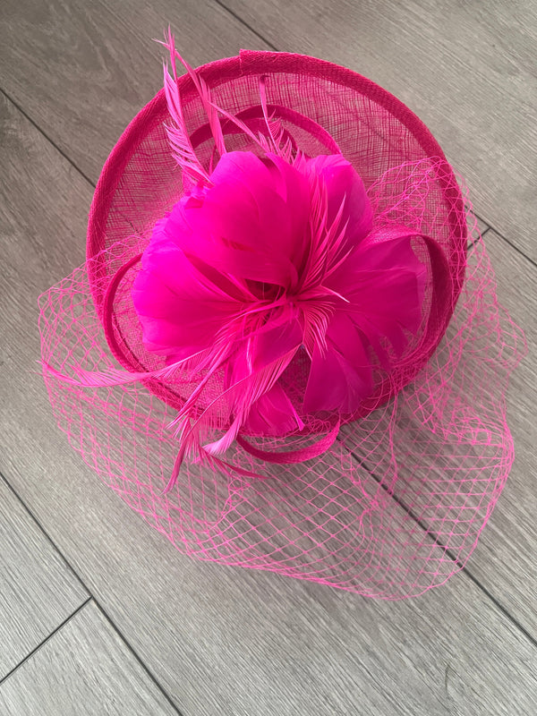 Fuchsia Hatinator With Feather Flower & Veil