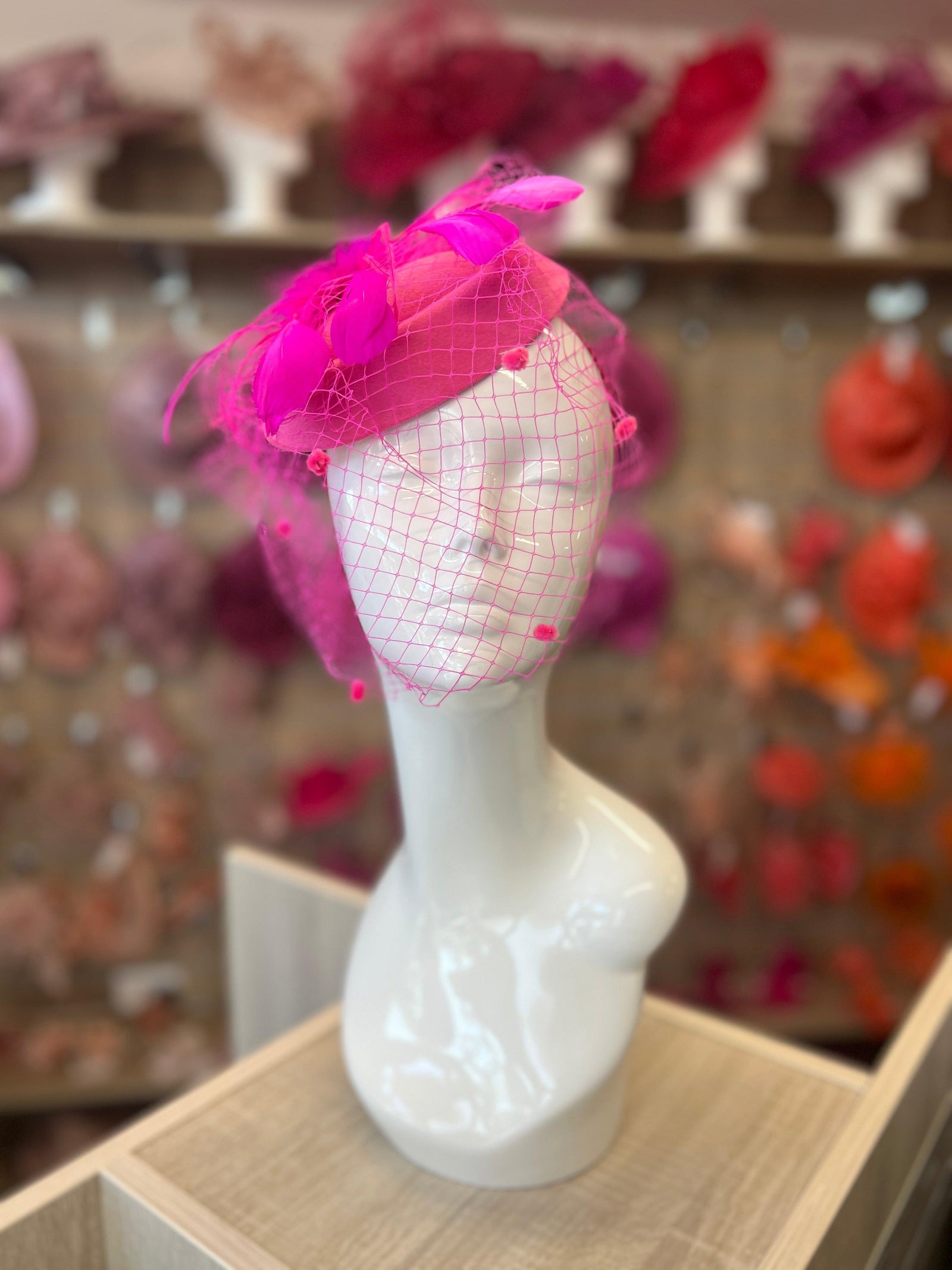 Fuchsia PillBox Hat Fascinator With Feathers & Veil-Fascinators Direct