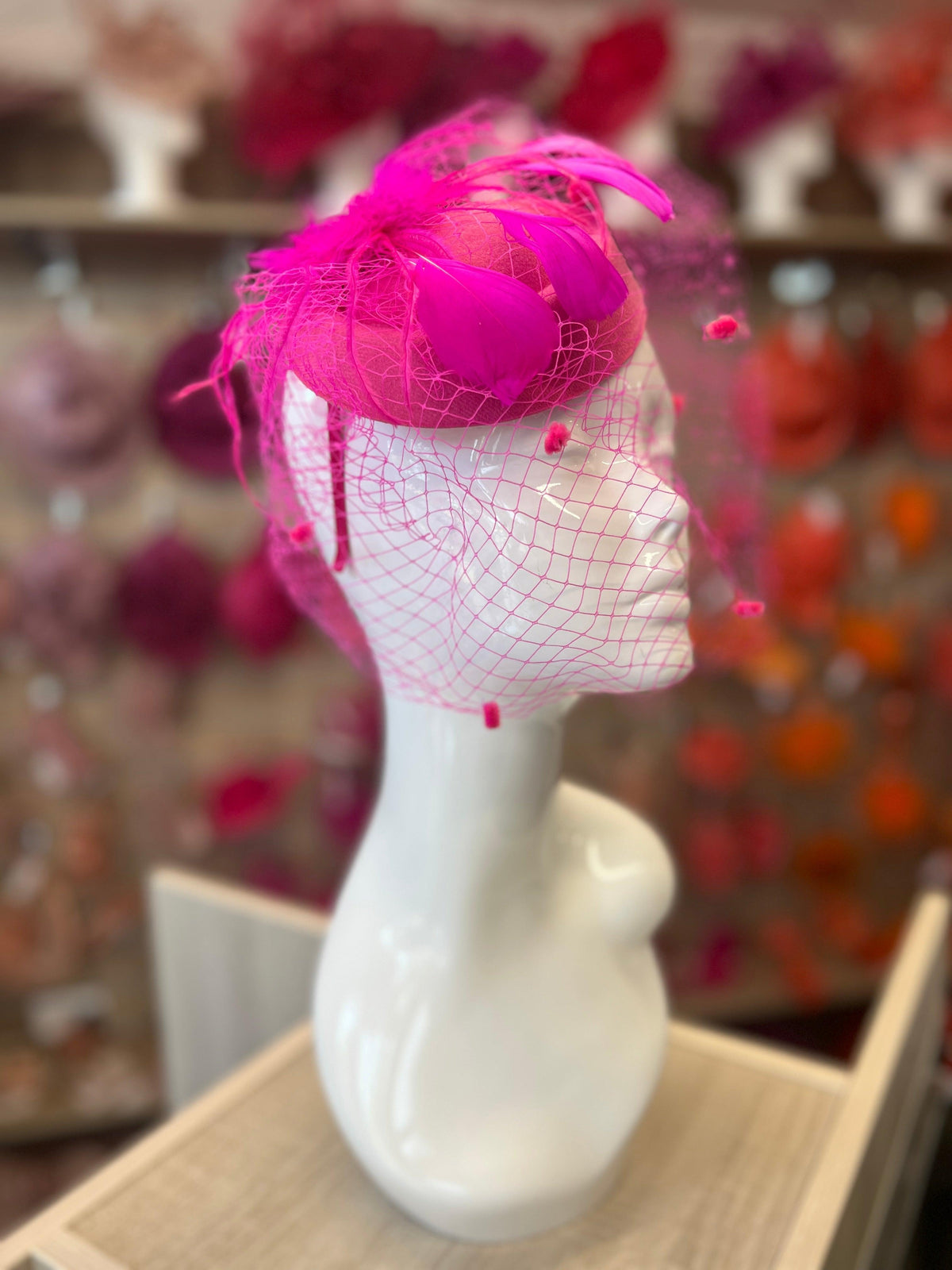 Fuchsia PillBox Hat Fascinator With Feathers &amp; Veil-Fascinators Direct
