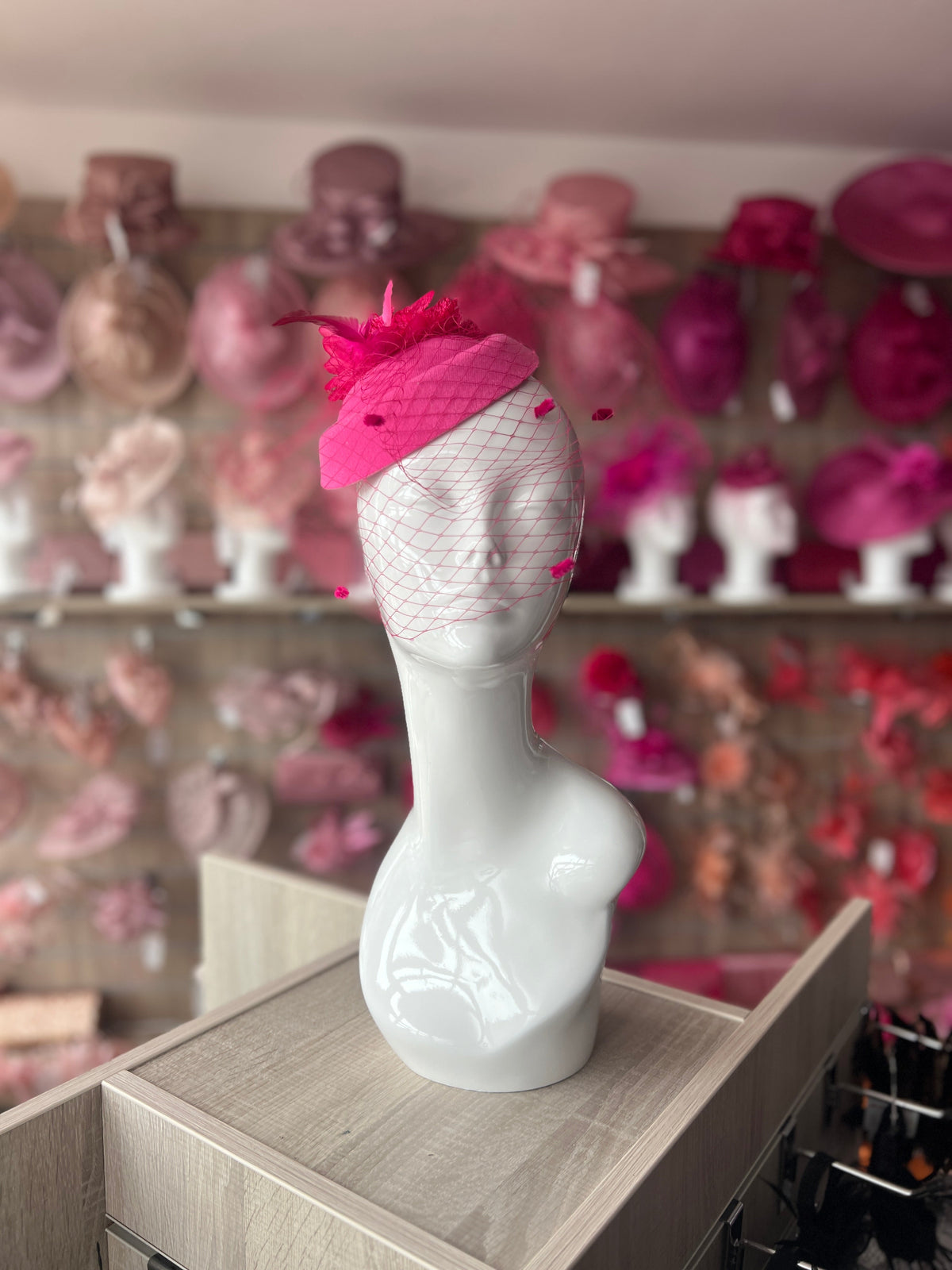 Fuchsia PillBox Hat Fascinator With Flower &amp; Veil-Fascinators Direct