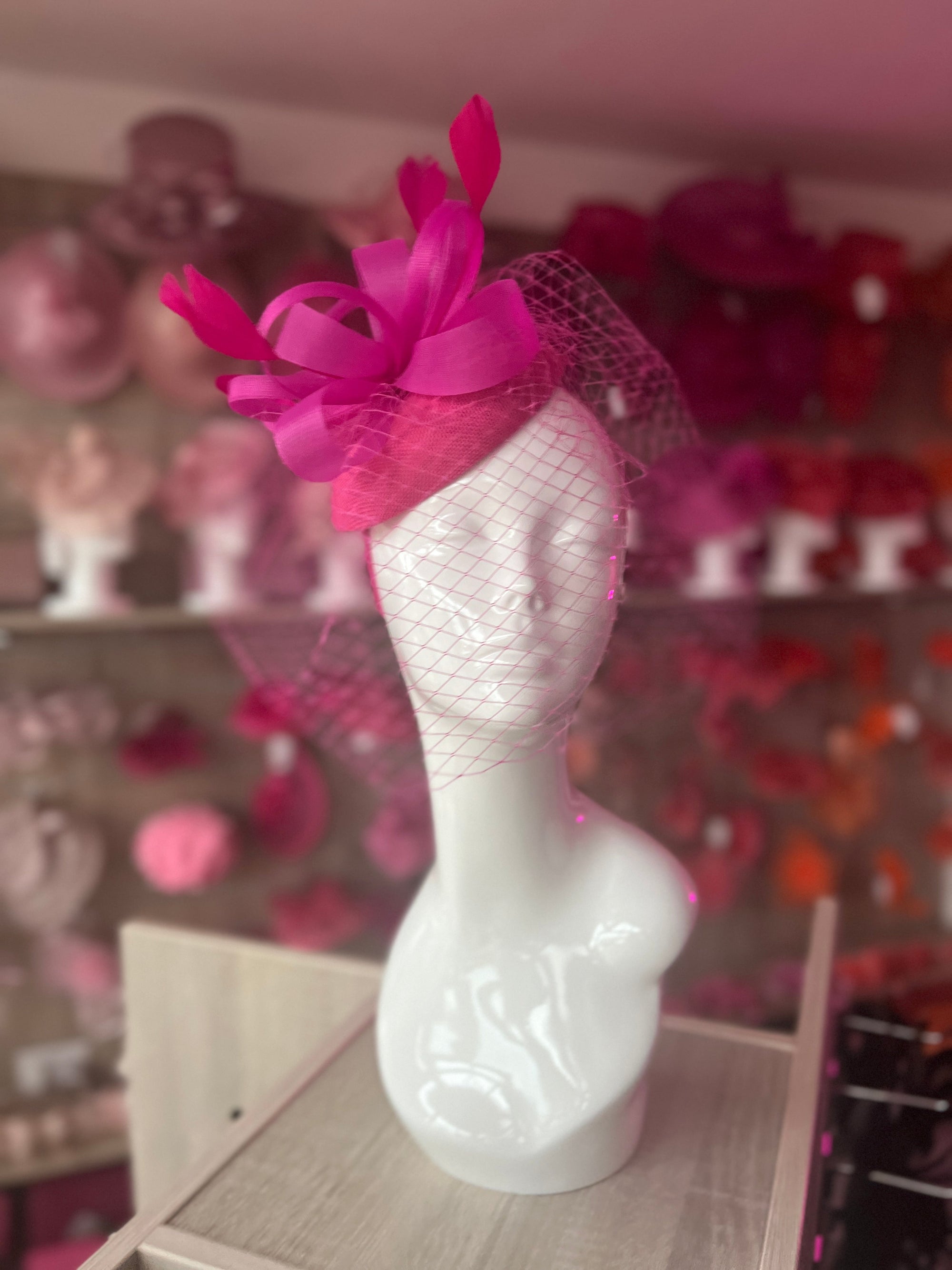 Fuchsia Pillbox Fascinator With Birdcage Veil-Fascinators Direct